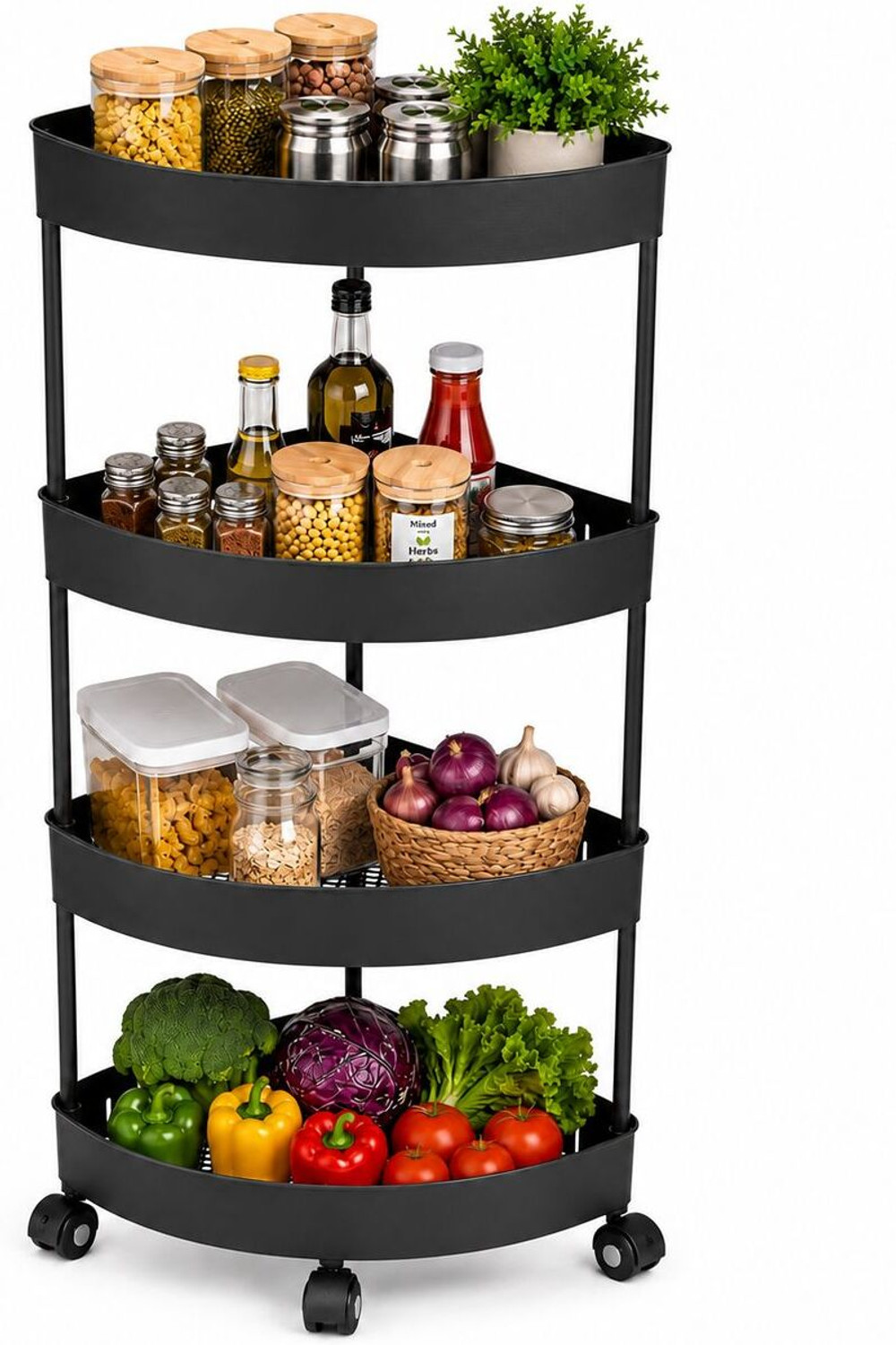 Image of Cantus 4 Compartments Plastic Storage Organizer Corner Trolly for Home, Kitchen, Bathroom, Bedroom and Office (Black)