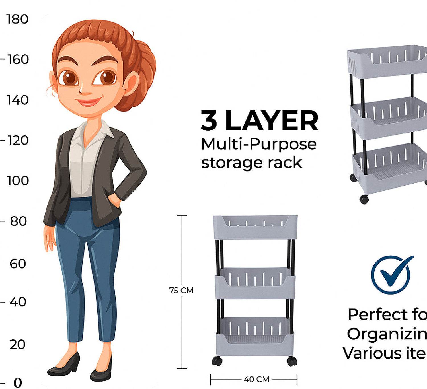 Image of VM BOND Multi-Purpose Plastic Storage Organizer 3-Tier Rack with Wheel Bathroom & Office Plastic Kitchen Trolley