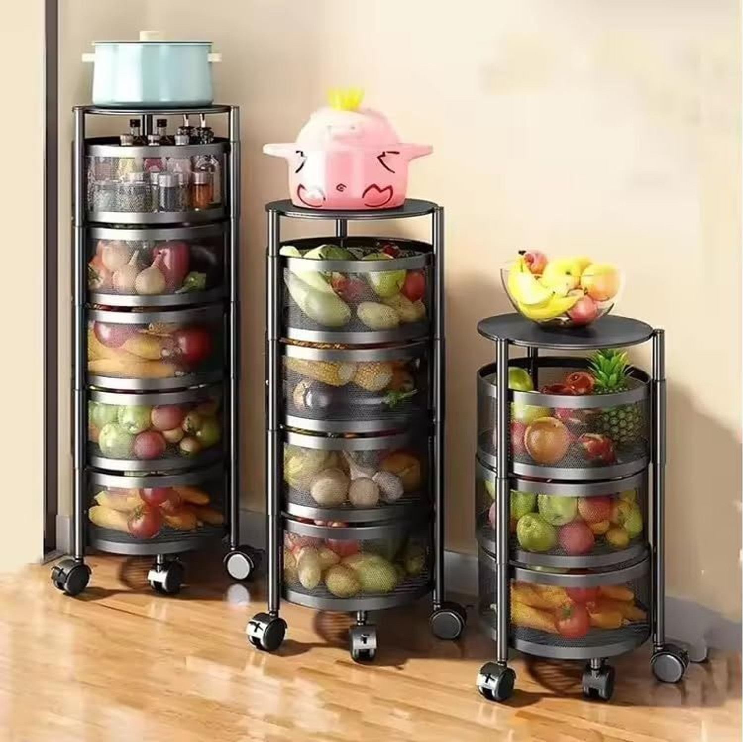 Image of VR 4 Layer Black Round Kitchen Trolley Iron Kitchen Trolley