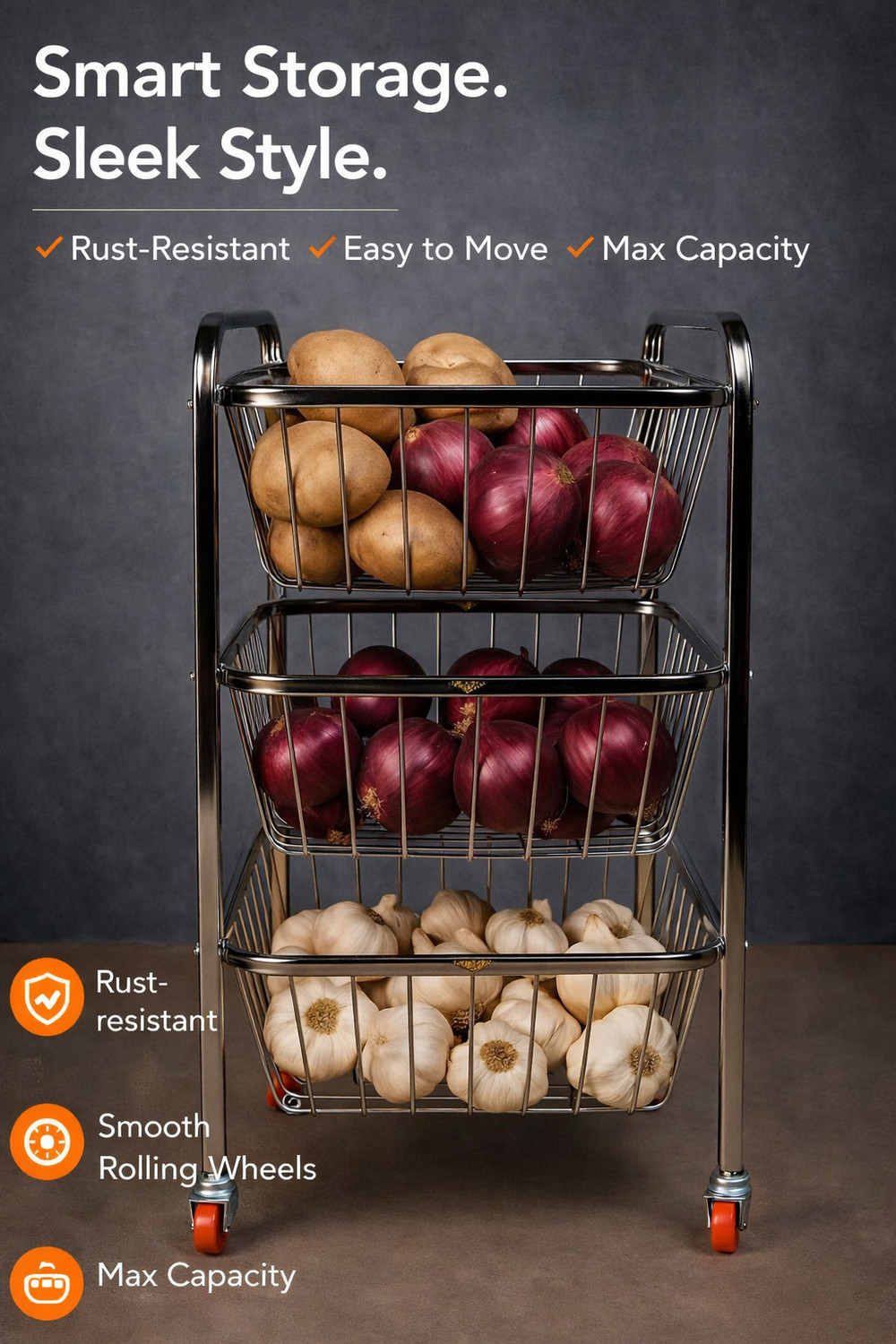 Image of About Storage Fruits /Vegetables Kitchen Rack Steel Stainless Steel Fruit & Vegetable Stand for Kitchen 3 Layer