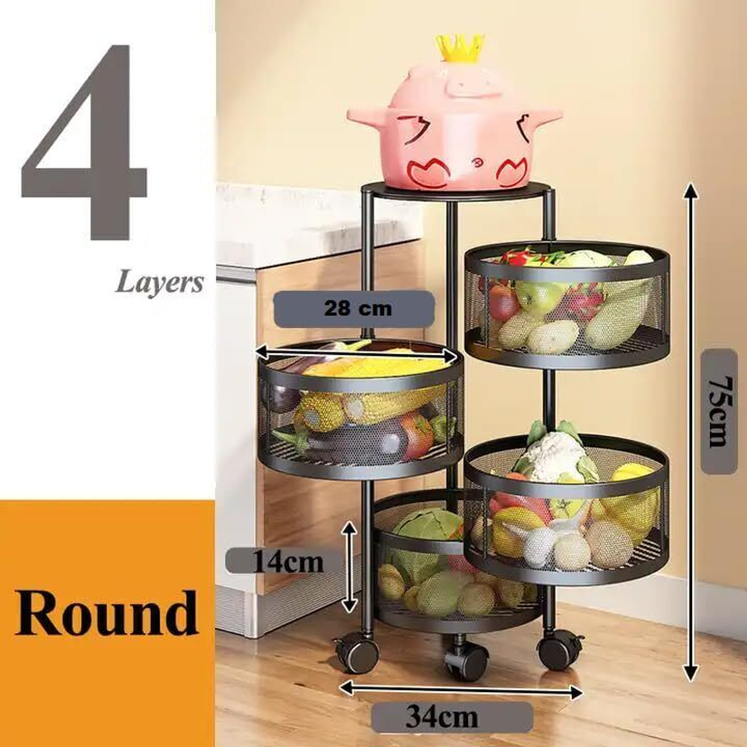 Image of VR 4 Layer Black Round Kitchen Trolley Iron Kitchen Trolley