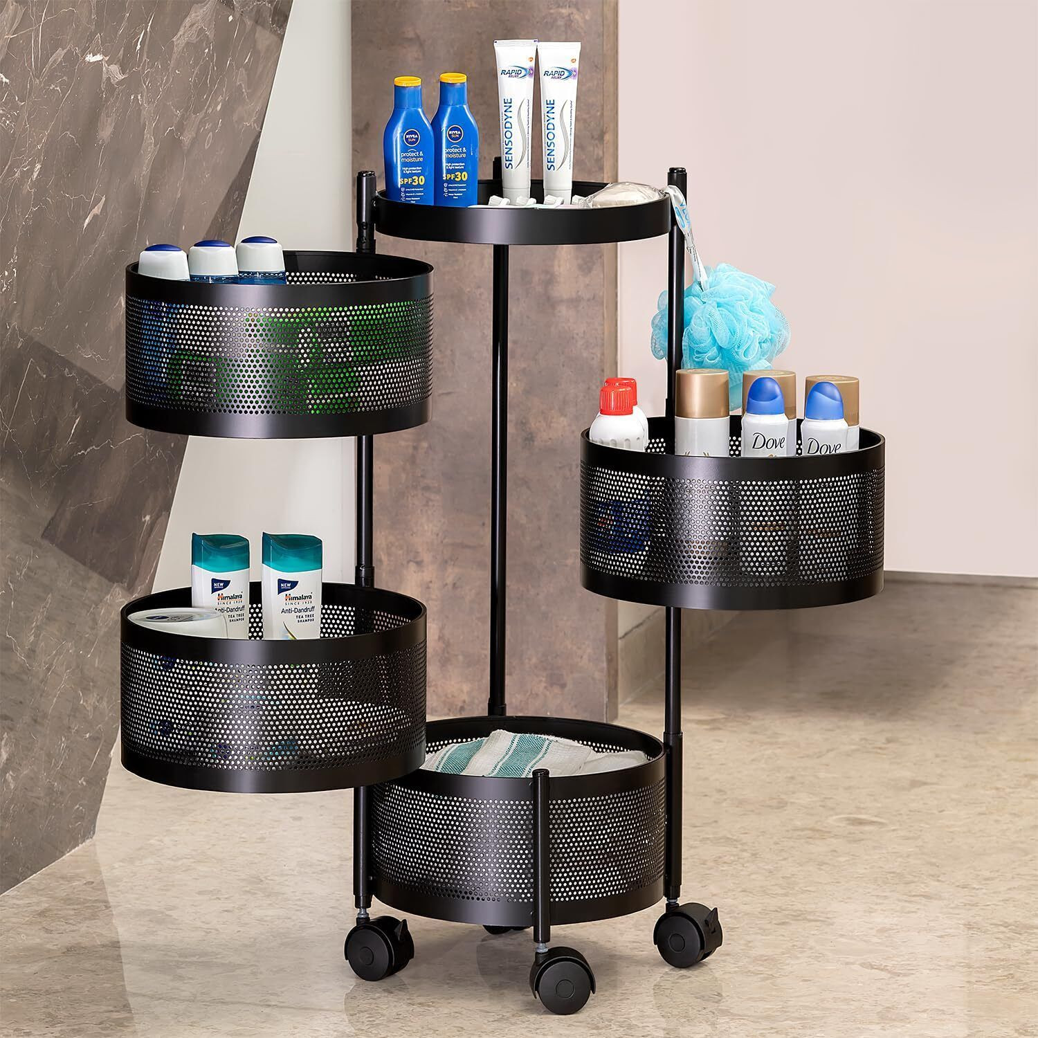 Image of VR 4 Layer Black Round Kitchen Trolley Iron Kitchen Trolley