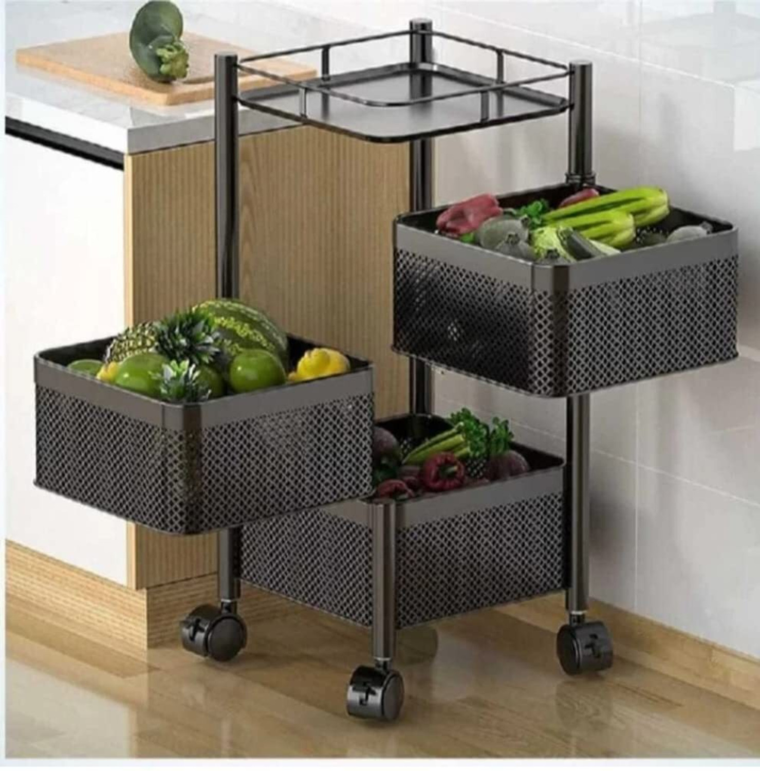 Image of Flipkart SmartBuy 3-tire Metal Kitchen Trolley with Wheels | Vegetable & Fruit Storage Rack Iron Kitchen Trolley