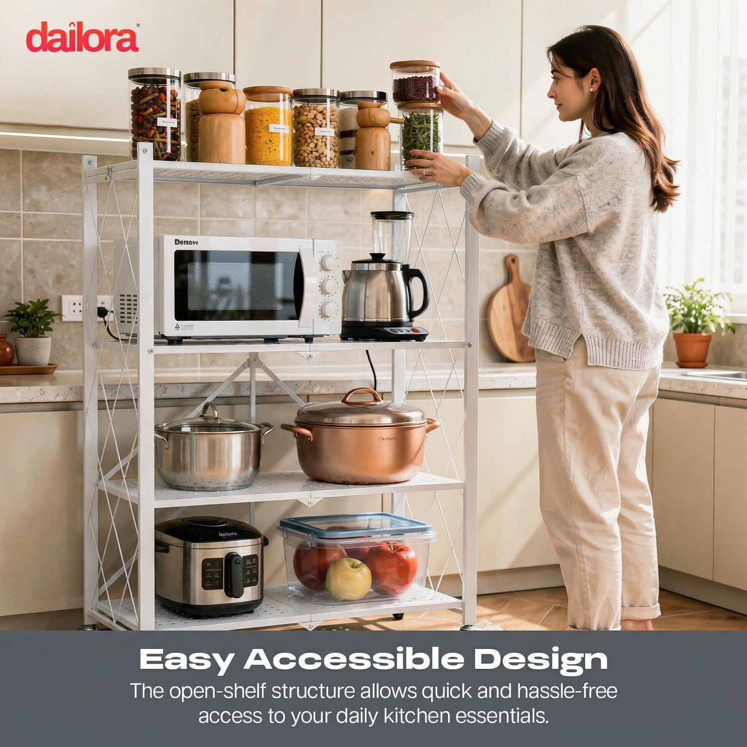 Image of Dailora 4-Tier Multipurpose Foldable Kitchen Storage Rack with Wheels Carbon Steel Kitchen Trolley