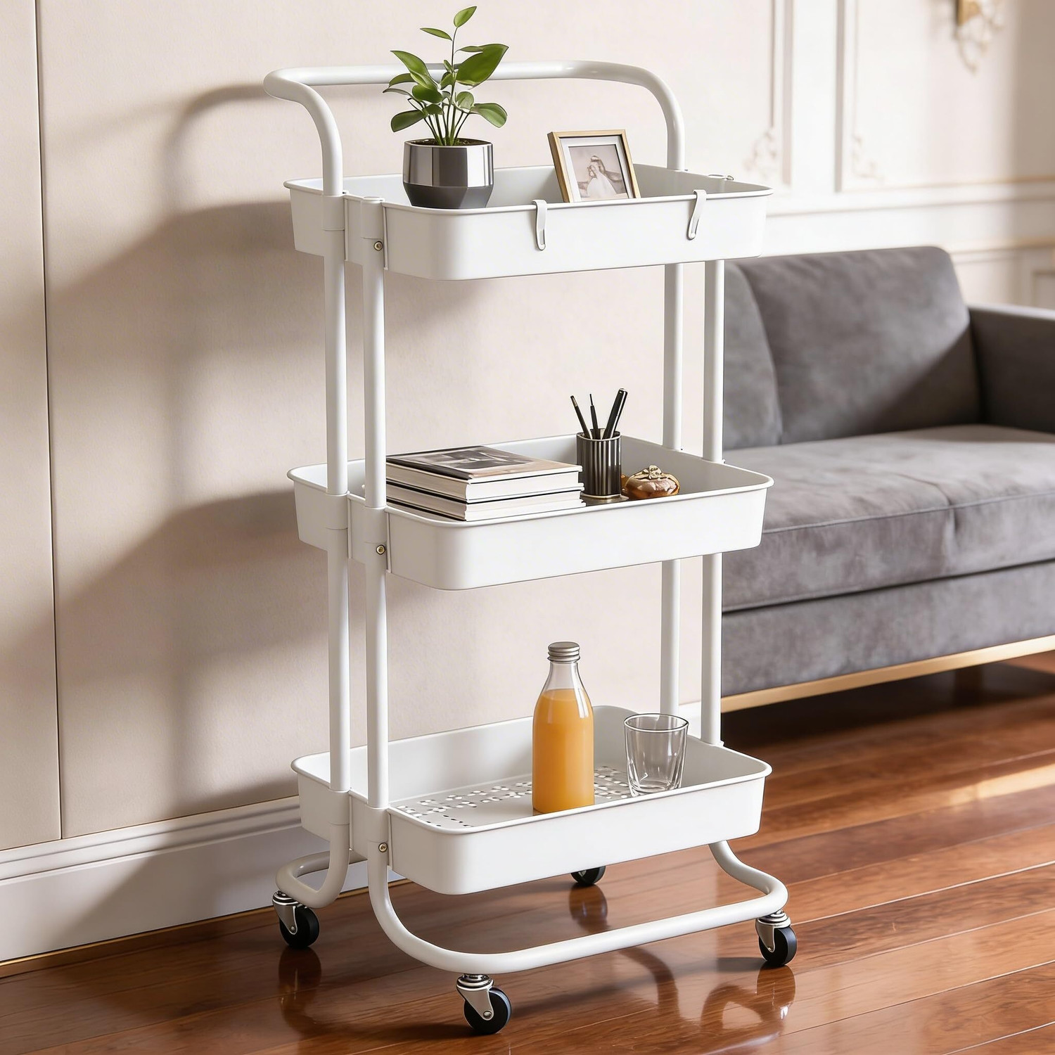 Image of Dailora Multipurpose Trolley with Wheels | 3-Tier Storage with Space-Saving Racks Carbon Steel Kitchen Trolley