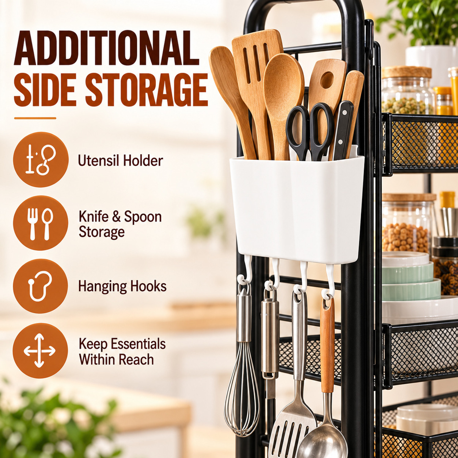 Image of KriShyam 5 Tier Rolling Storage Rack with Metal Mesh Baskets, 360 Caster Wheels Carbon Steel Kitchen Trolley