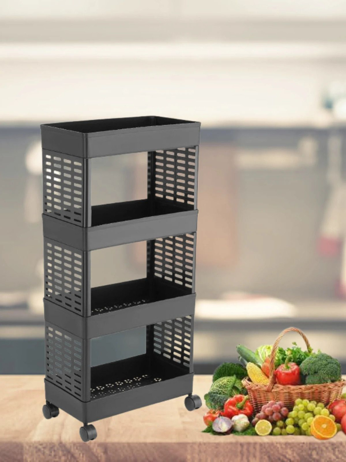 Image of PALAK Kitchen Vegetable Trolley with Wheel (4 Layer, Black Color) Plastic Kitchen Trolley (DIY(Do-It-Yourself))