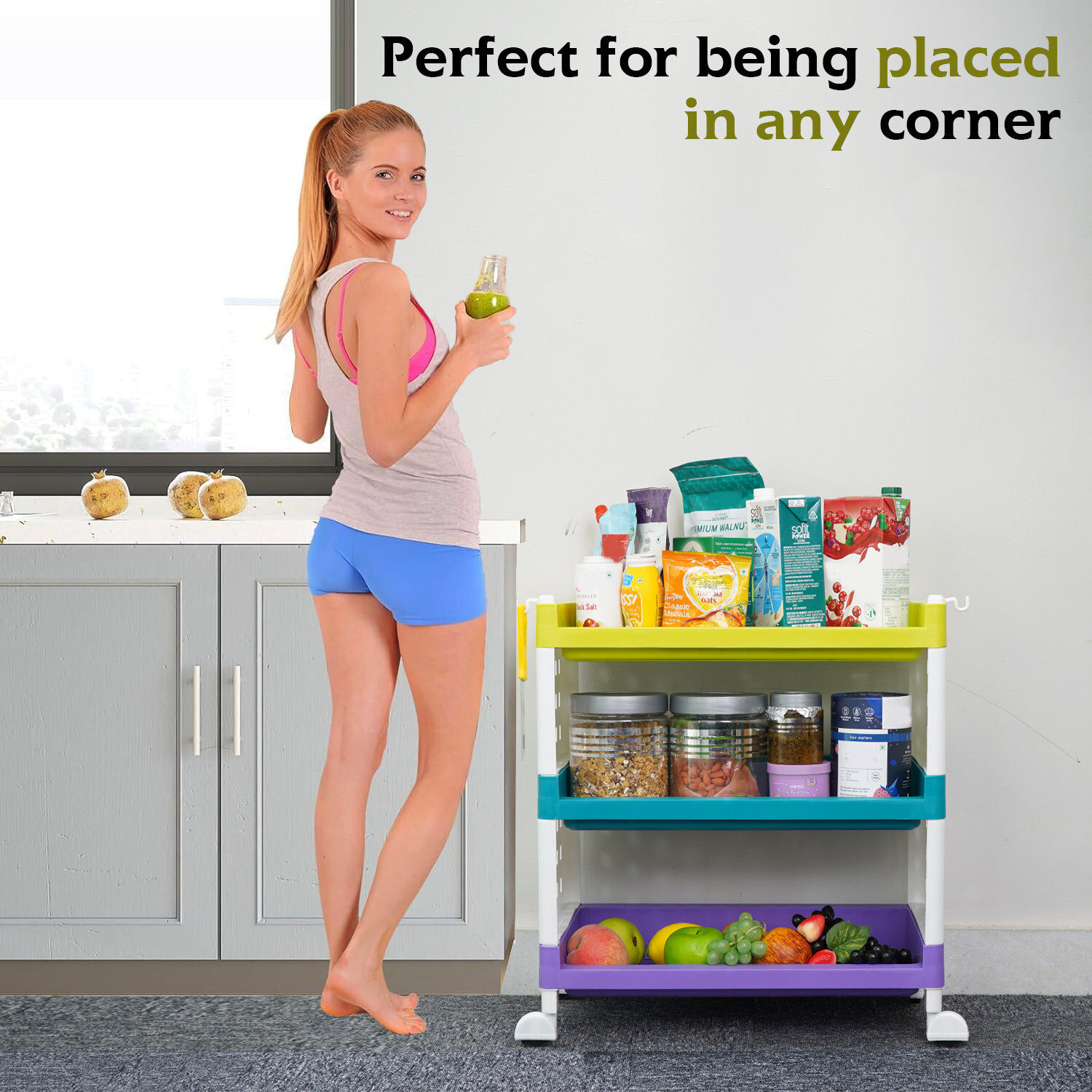 Image of LEOPAX 3 Layers Plastic Rolling Storage Rack | Multipurpose Storage Rack with Wheels | Plastic Kitchen Trolley