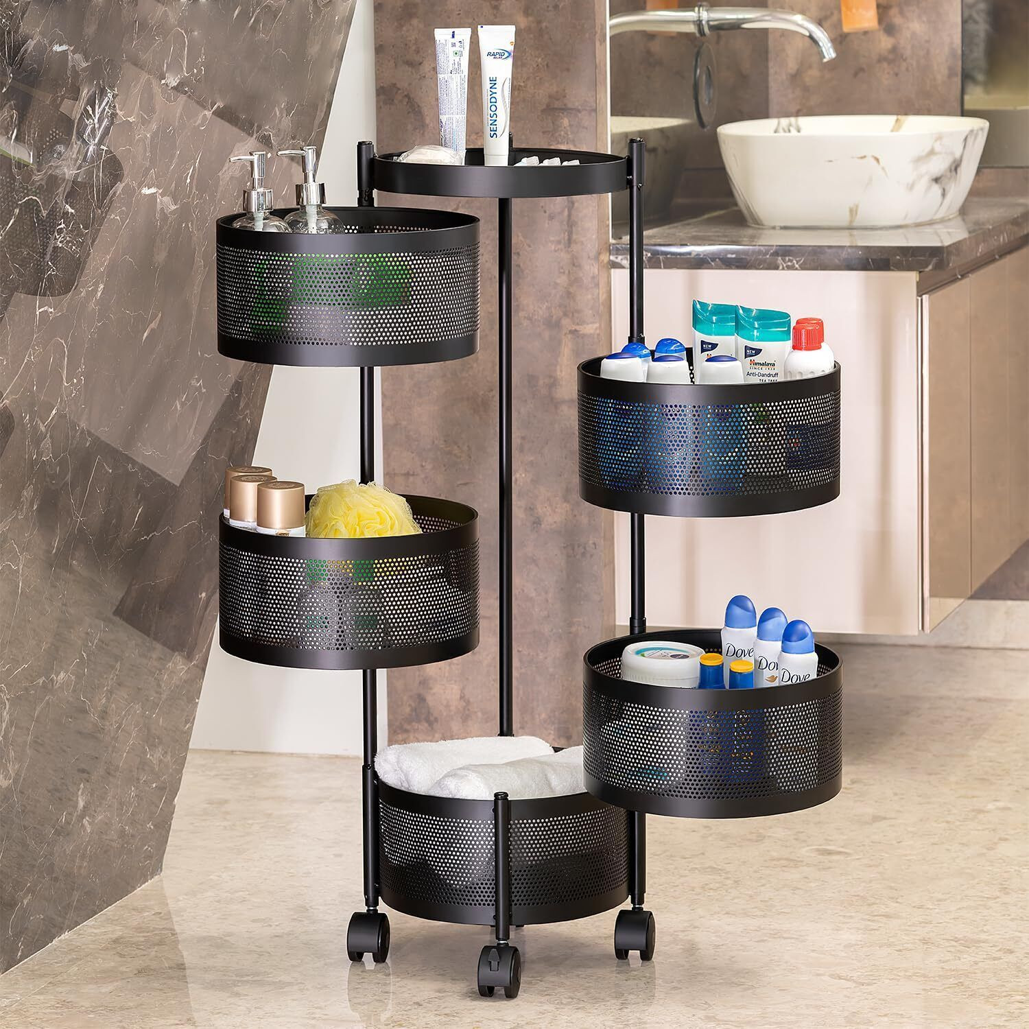 Image of VR 5 Layer Black Round Kitchen Trolley Iron Kitchen Trolley