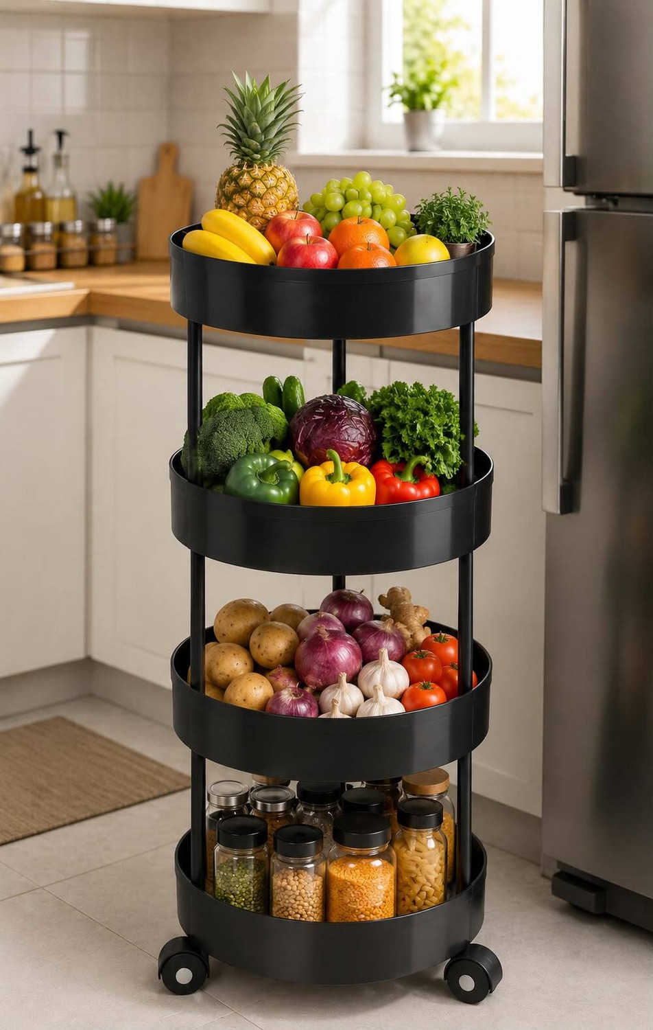 Image of PRIKAP ENTERPRISE 4-tier Multipurpose Plastic Fruit & Vegetable trolley with Wheels | Black Plastic Kitchen Trolley