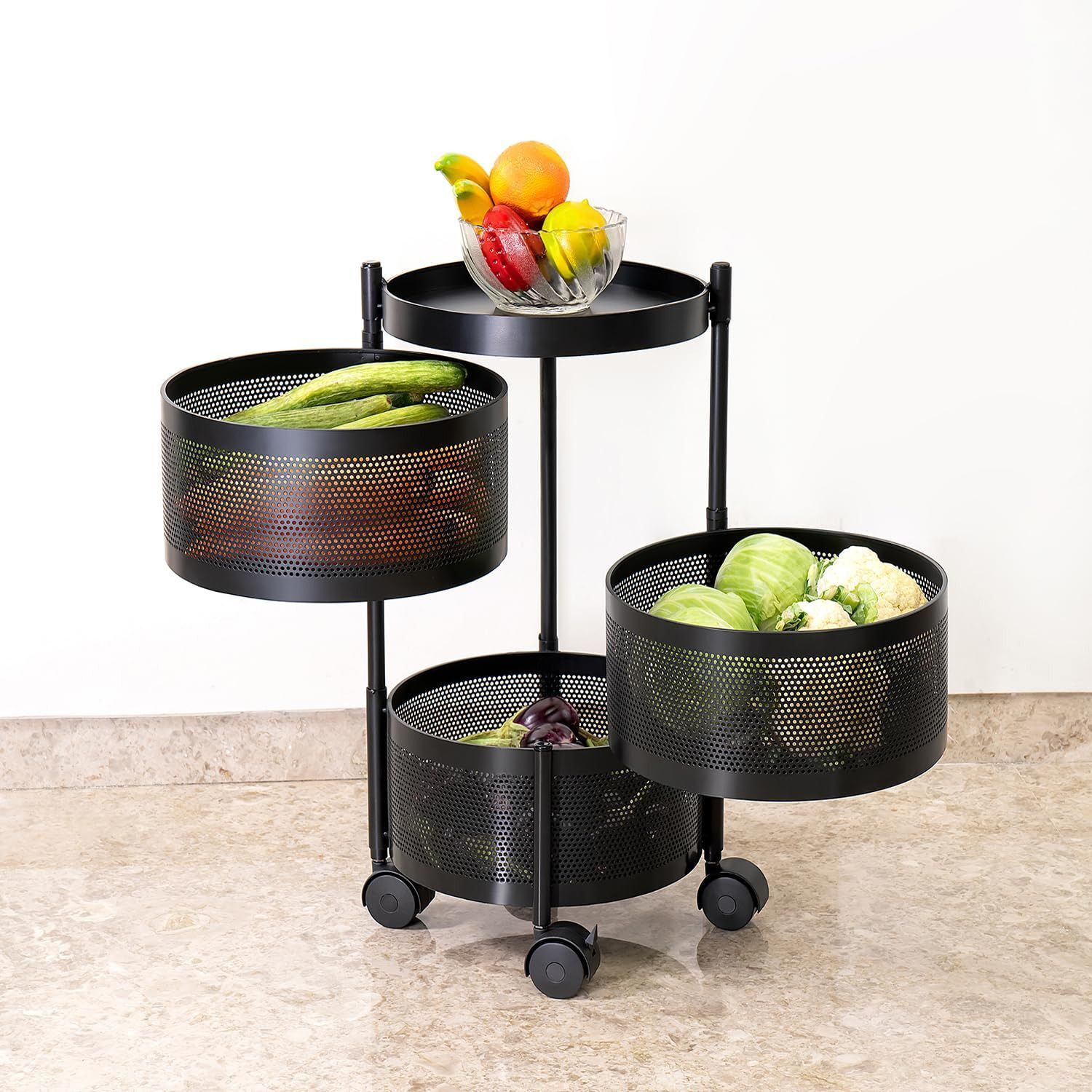 Image of VR 3 Layer Black Round Kitchen Trolley Iron Kitchen Trolley