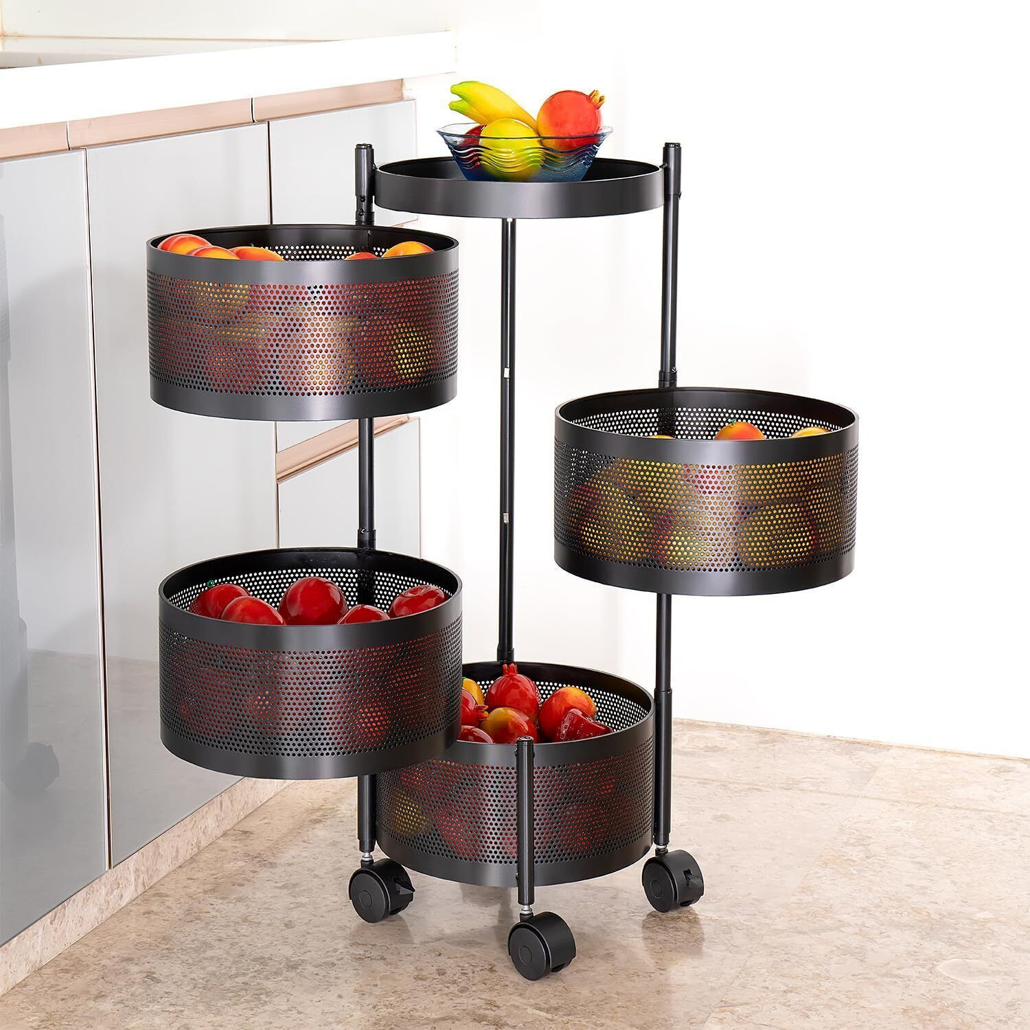 Image of VR 4 Layer Black Round Kitchen Trolley Iron Kitchen Trolley