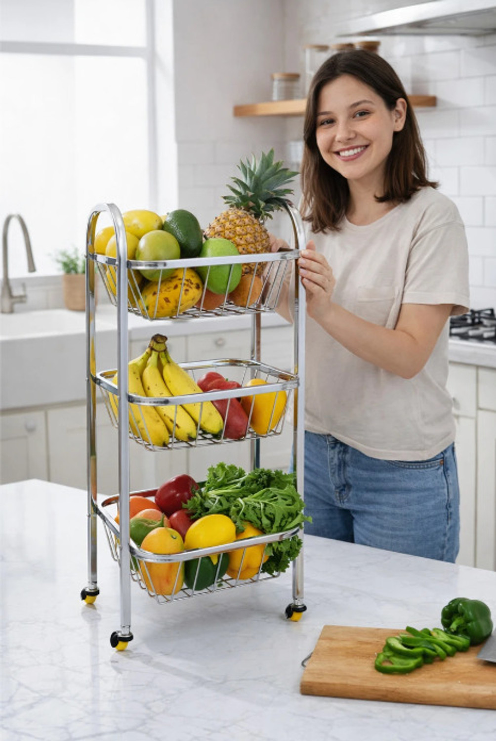 Image of ssb Stainless Steel Fruit & Vegetable Stand for Kitchen 3 Layer Steel Kitchen Trolley