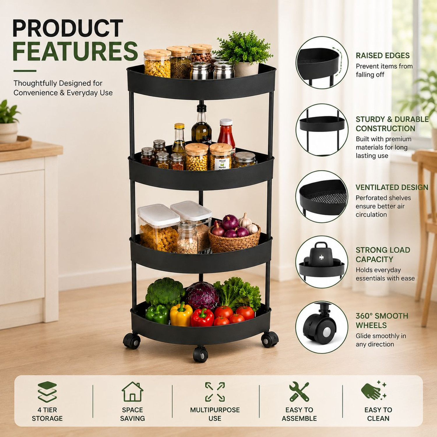 Image of Cantus 4 Compartments Plastic Storage Organizer Corner Trolly for Home, Kitchen, Bathroom, Bedroom and Office (Black)