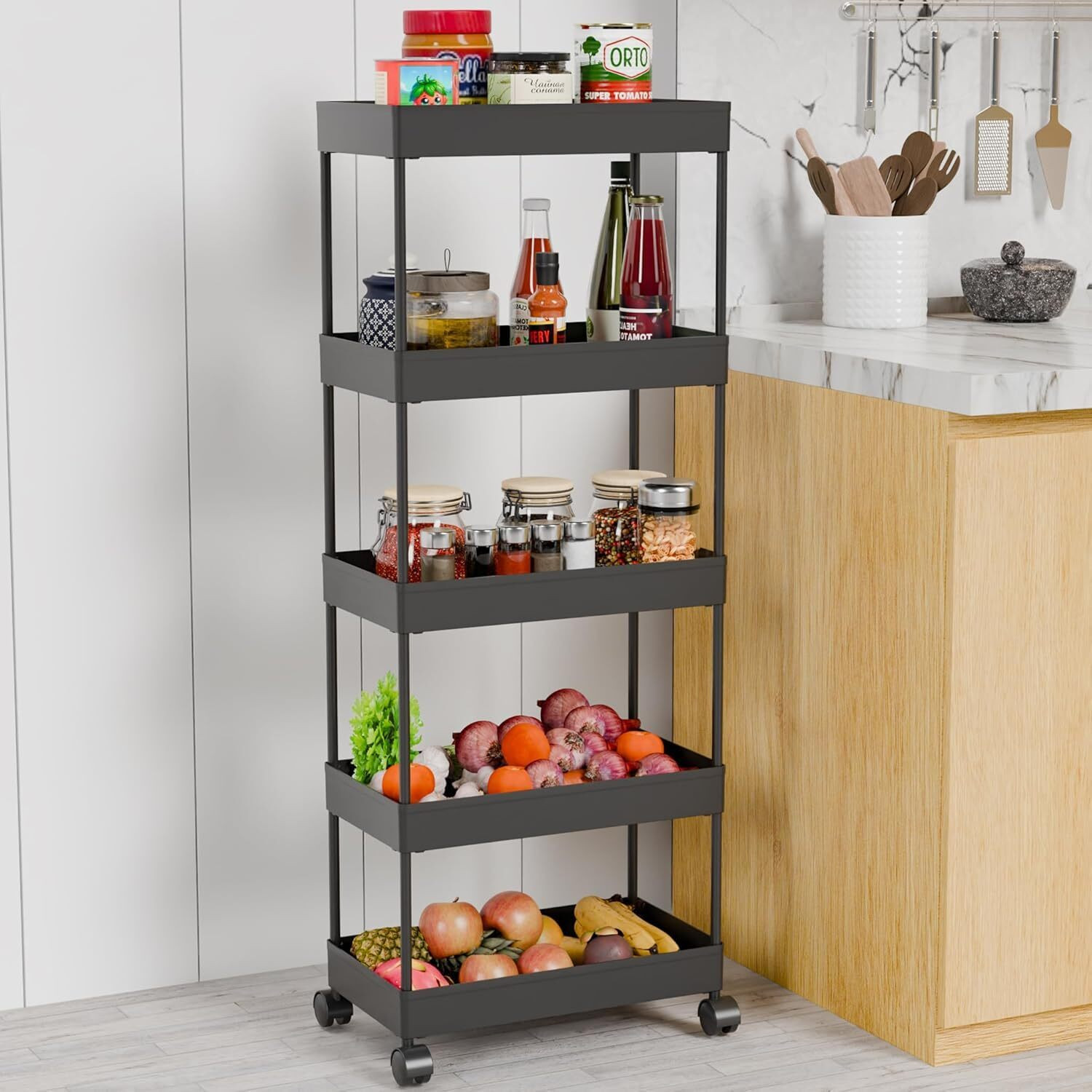 Image of Homemet Slim 5-Layer Rolling Storage Rack Kitchen Storage Organizer Trolley Plastic Plastic Kitchen Trolley (DIY(Do-It-Yourself))