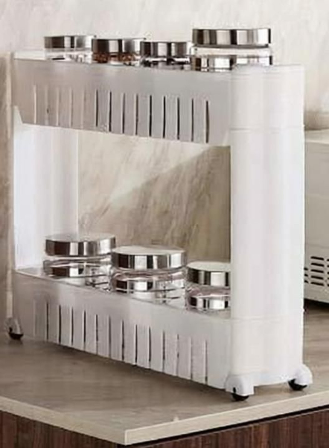 Image of QUISTAL 2 Layer Storage Organizer Multipurpose Slim Rack | White 2 Tier Utility Shelf with Wheels for Kitchen, Bedroom, Bathroom Plastic Kitchen Trolley