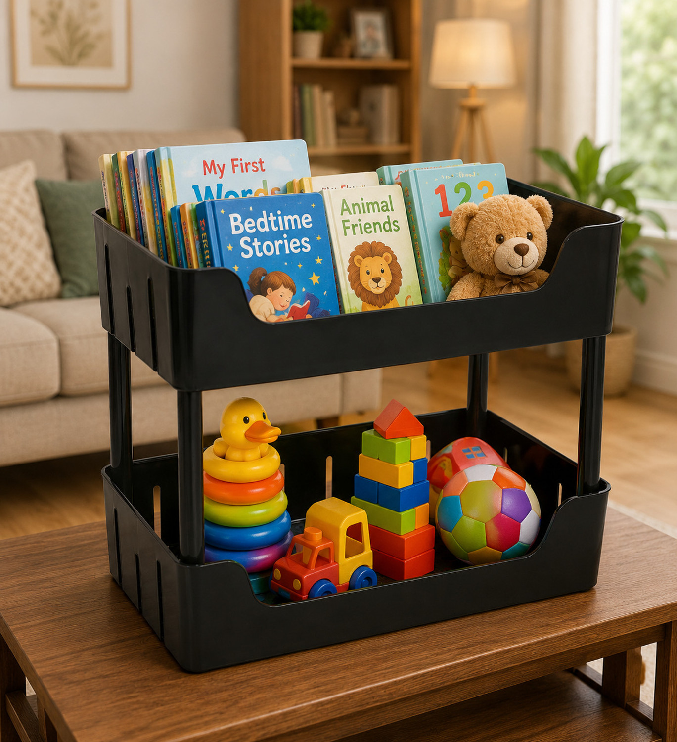 Image of VM BOND 2 Layer Plastic Toy Storage Rack | Kids Book & Toy Organizer {NO-WHEEL} Plastic Kitchen Trolley