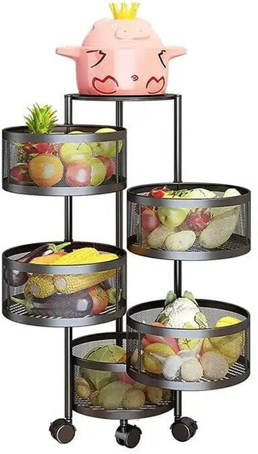 Image of VR 5 Layer Black Round Kitchen Trolley Iron Kitchen Trolley