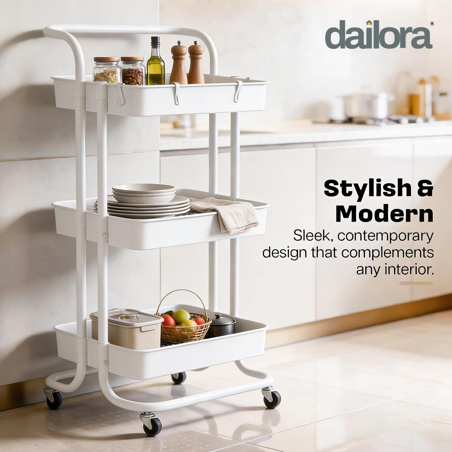 Image of Dailora Multipurpose Trolley with Wheels | 3-Tier Storage with Space-Saving Racks Carbon Steel Kitchen Trolley
