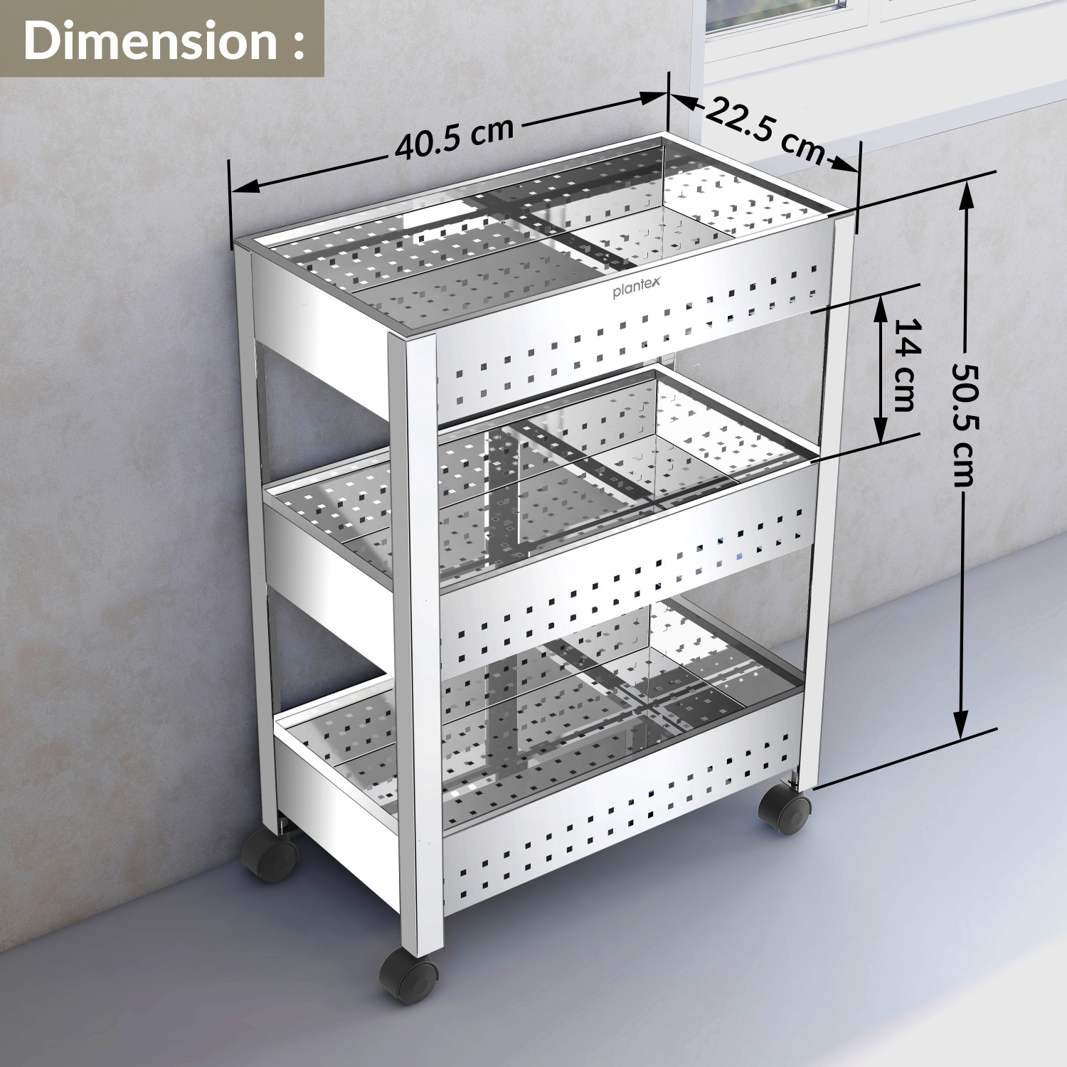 Image of Plantex Stainless Steel 3-Tier Vegetable Basket for Kitchen /Onion Garlic Stand /Vegetable Storage Stand-Trolley for Kitchen(Square Profile-Silver) Stainless Steel Kitchen Trolley (Pre-assembled)