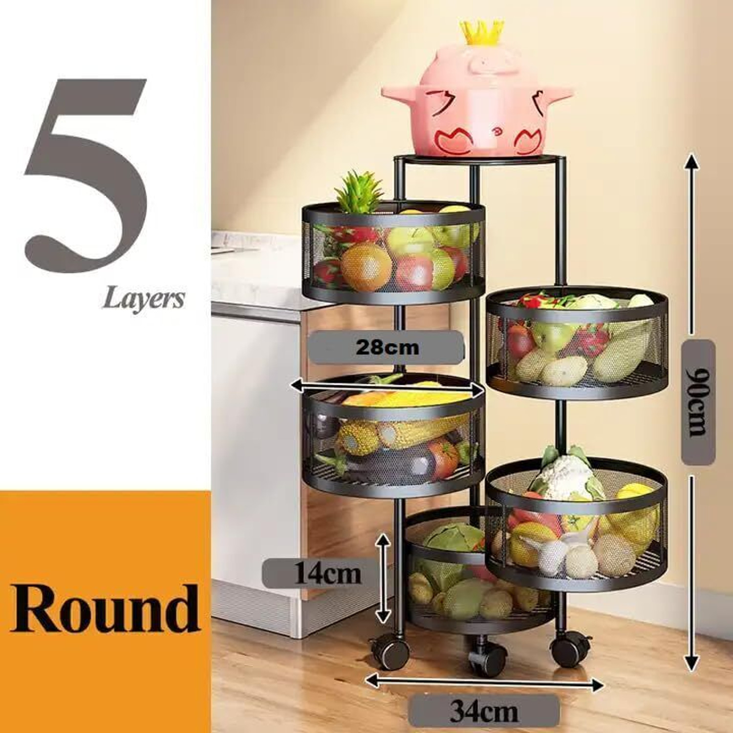 Image of VR 5 Layer Black Round Kitchen Trolley Iron Kitchen Trolley