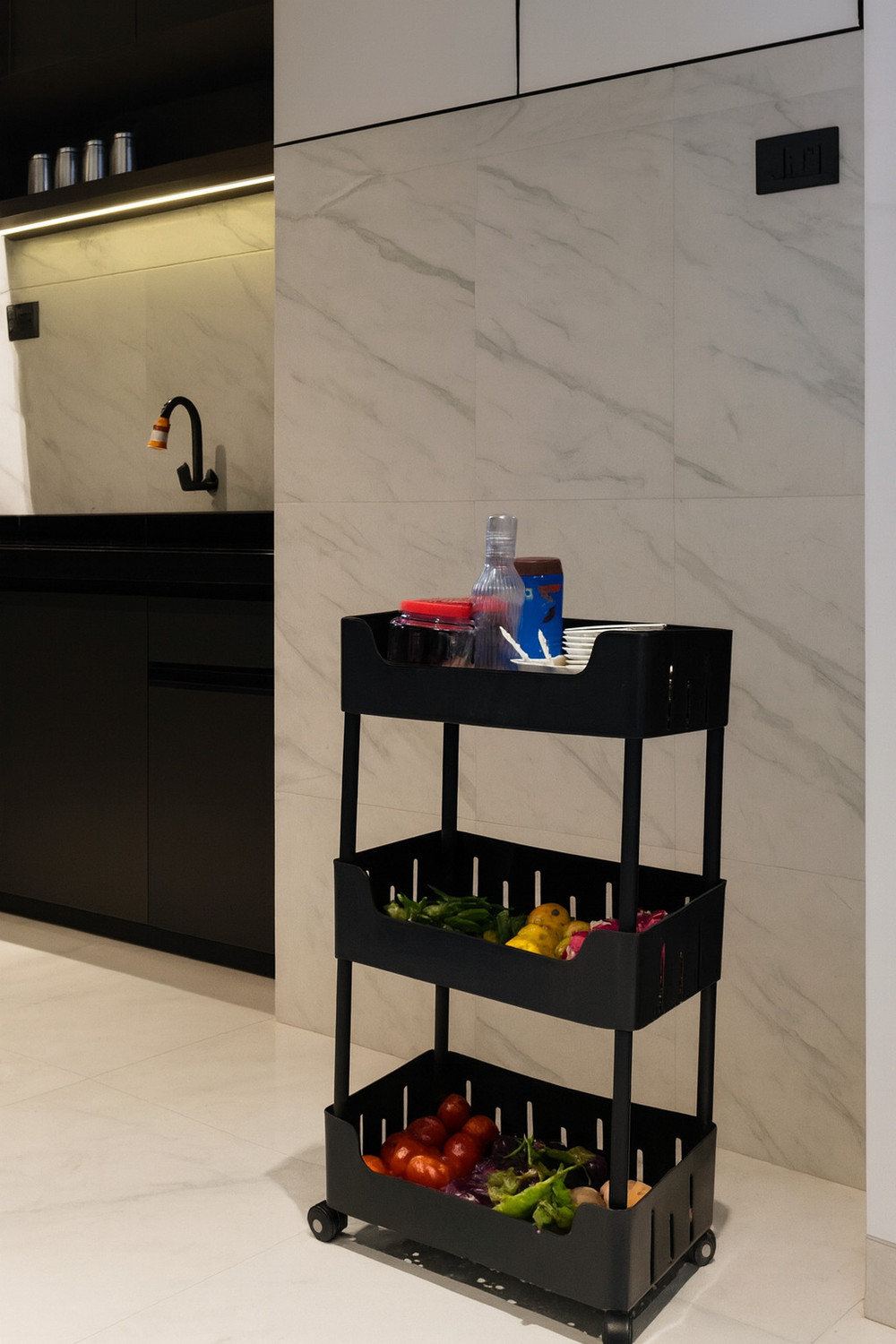 Image of VM BOND 3 Tier Plastic Pipe Storage Trolley with Wheels Easy to assemble Plastic Kitchen Trolley