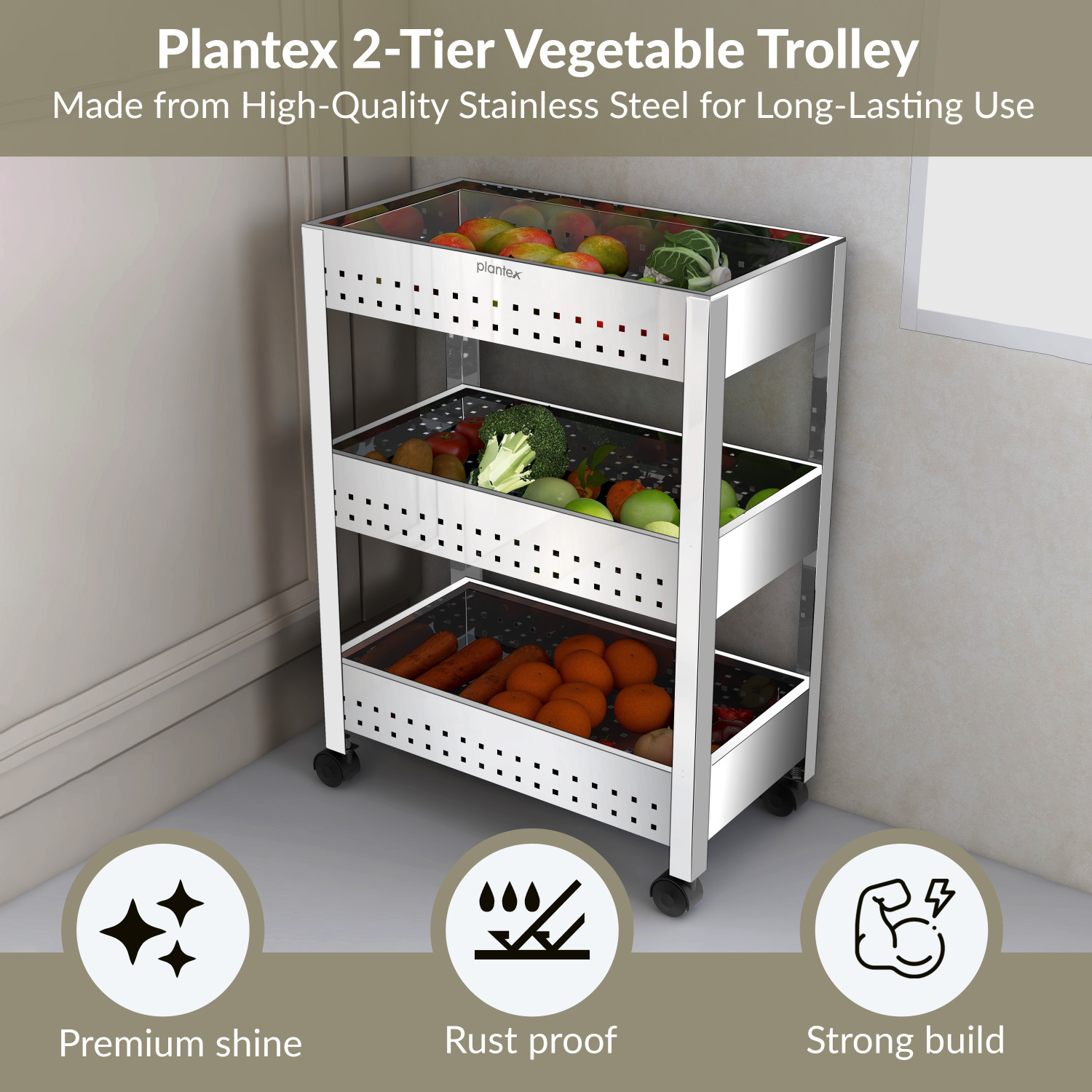 Image of Plantex Stainless Steel 3-Tier Vegetable Basket for Kitchen /Onion Garlic Stand /Vegetable Storage Stand-Trolley for Kitchen(Square Profile-Silver) Stainless Steel Kitchen Trolley (Pre-assembled)