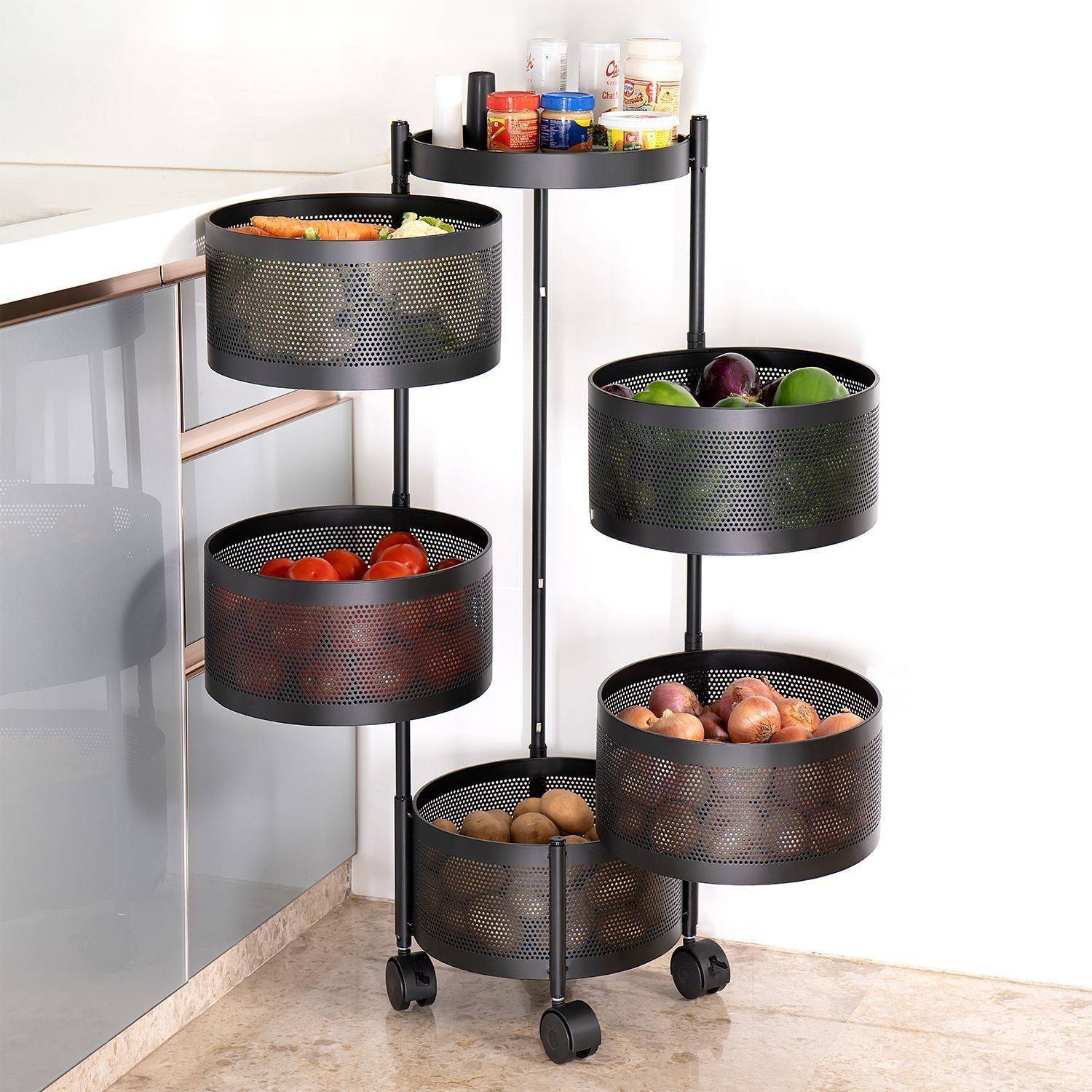 VR 5 Layer Kitchen Trolley Storage Rack Round Design Fruits & Vegetable Basket Iron Kitchen Trolley