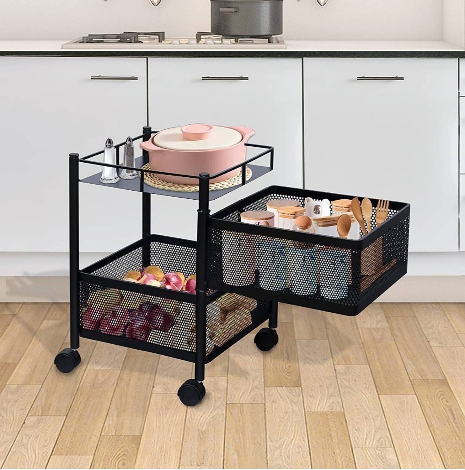 ADMIN INDUSTRIES 3 Layer Kitchen Rotating Trolley, Fruit & Vegetable Storage Rack Steel Kitchen Trolley