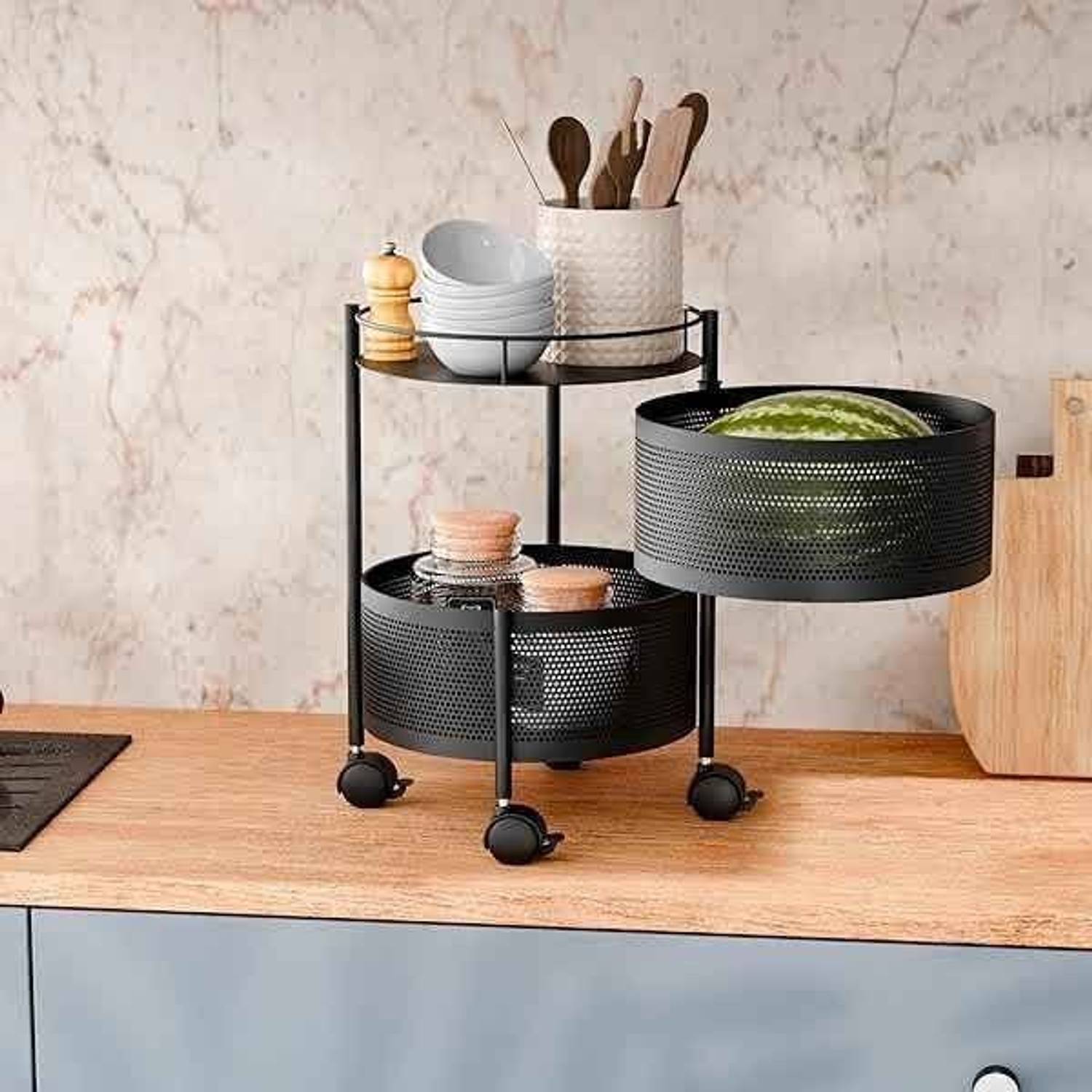 Arowanaa 2 Layer Round Metal Storage Trolley with Wheels for Kitchen Counter Utility Use Iron Kitchen Trolley