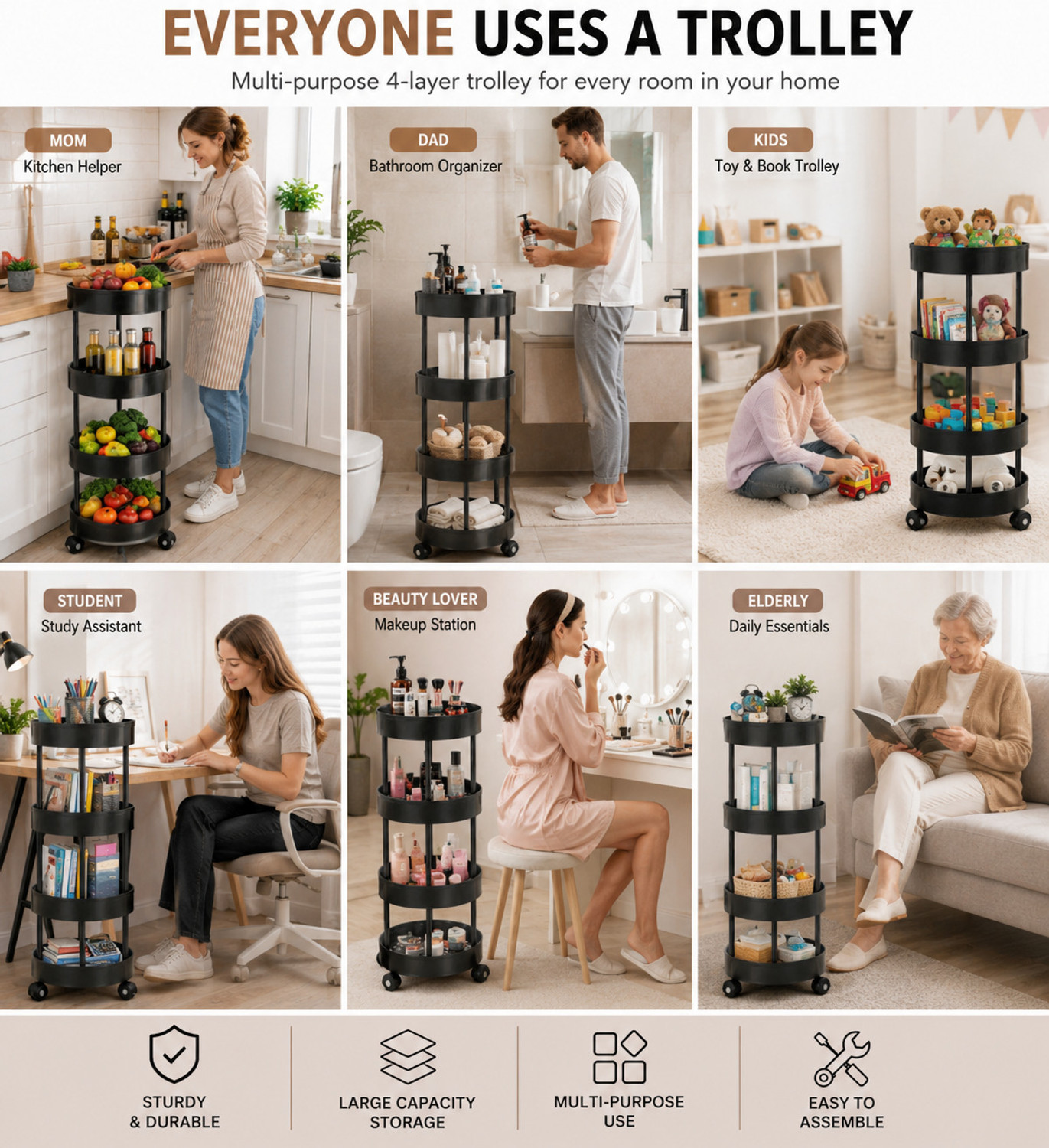 Image of VM BOND 4 Layer Multipurpose Kitchen Trolley Storage Rack with Wheels Plastic Kitchen Trolley