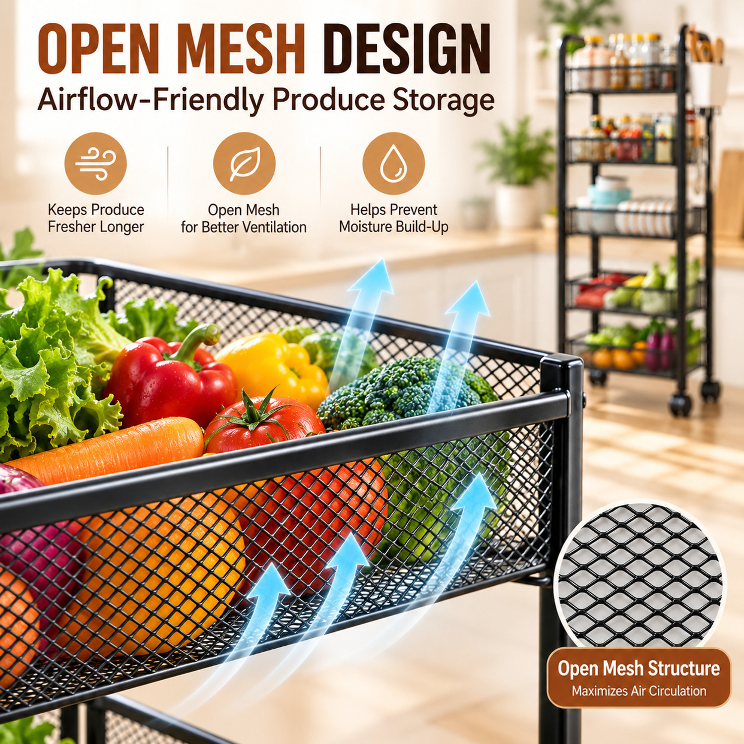 Image of KriShyam 5 Tier Rolling Storage Rack with Metal Mesh Baskets, 360 Caster Wheels Carbon Steel Kitchen Trolley