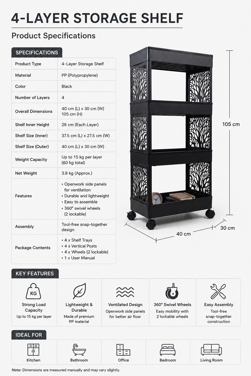 Image of Surety for Safety 4-Tier Plastic Kitchen Trolley with Wheels and Tree Cutout Design Plastic Almirah