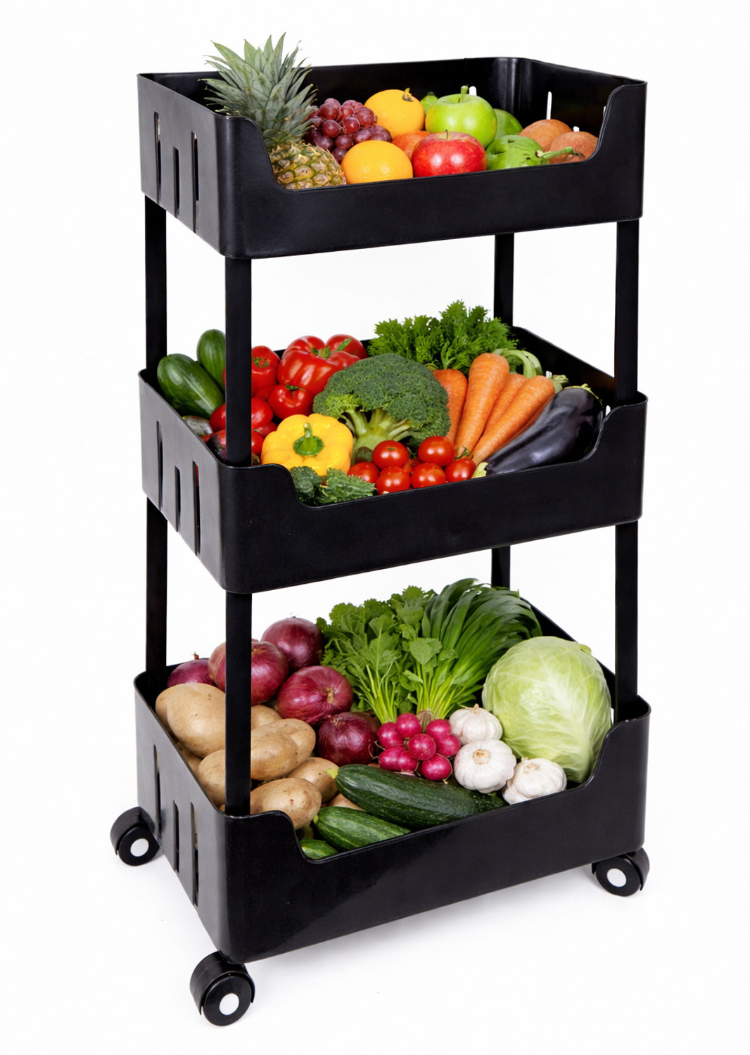 Image of VM BOND 3 Tier Plastic Pipe Storage Trolley with Wheels Easy to assemble Plastic Kitchen Trolley