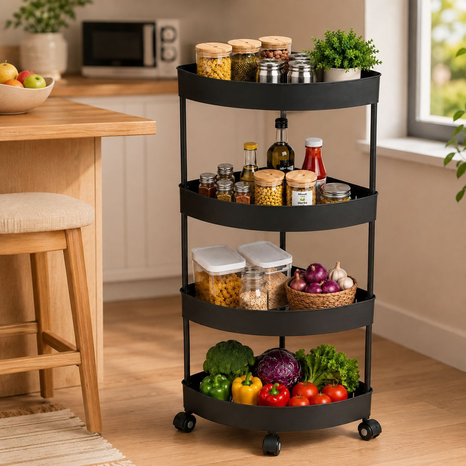 Image of Cantus 4 Compartments Plastic Storage Organizer Corner Trolly for Home, Kitchen, Bathroom, Bedroom and Office (Black)