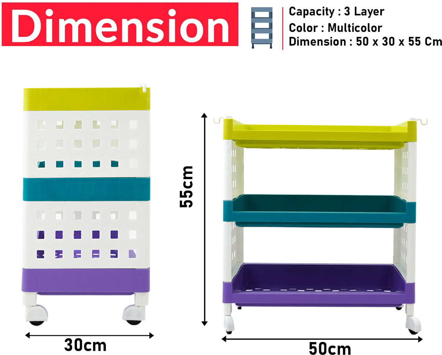 Image of LEOPAX 3 Layers Plastic Rolling Storage Rack | Multipurpose Storage Rack with Wheels | Plastic Kitchen Trolley