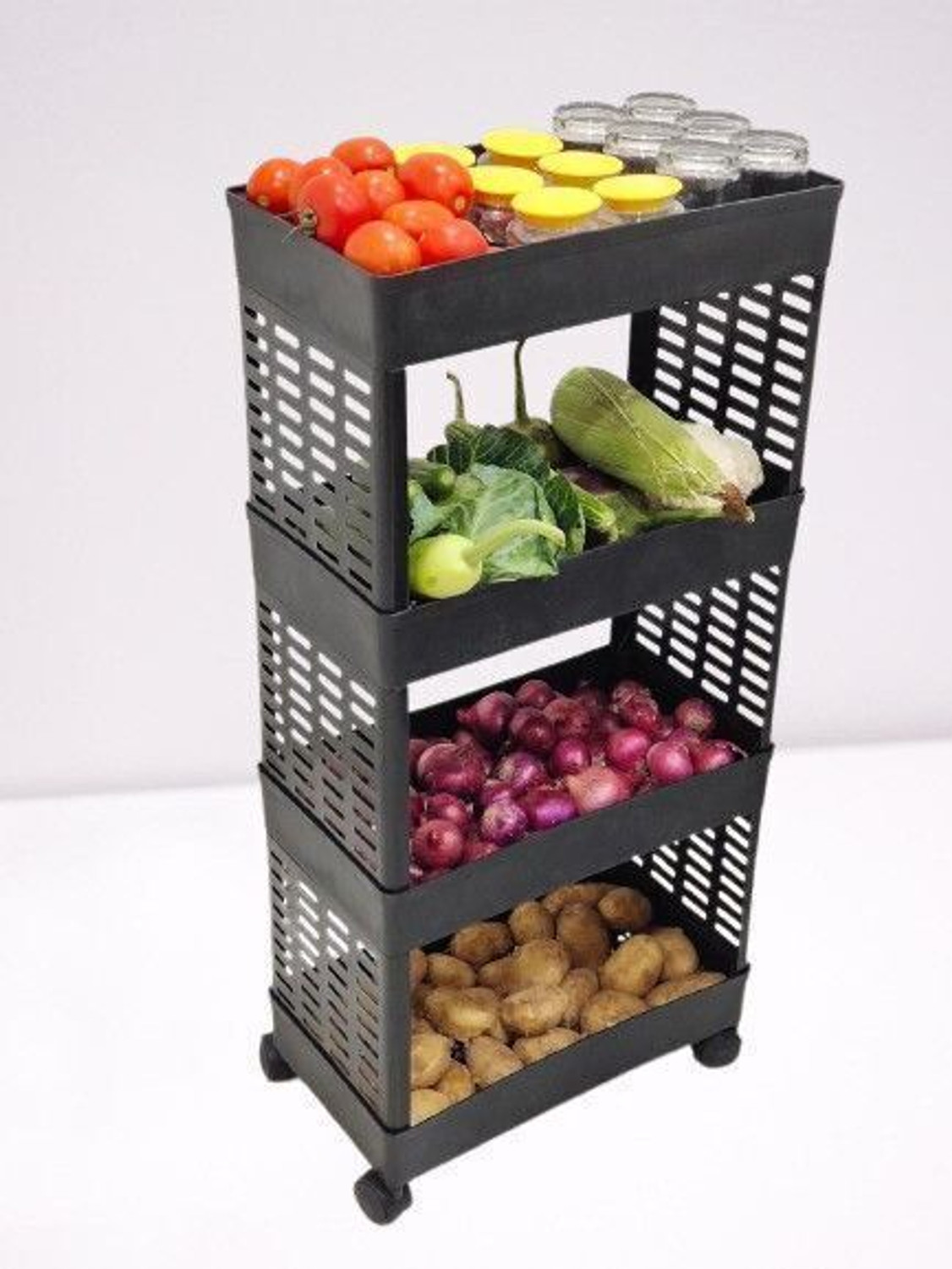 Image of PALAK Kitchen Vegetable Trolley with Wheel (4 Layer, Black Color) Plastic Kitchen Trolley (DIY(Do-It-Yourself))