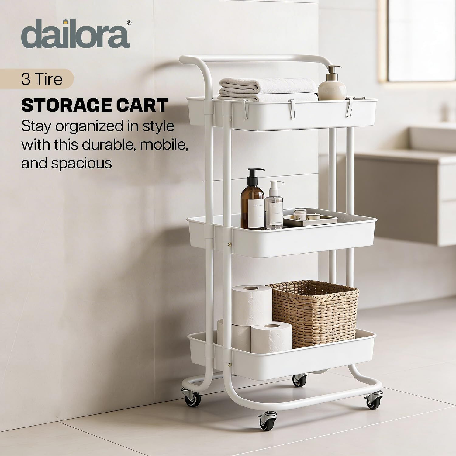 Image of Dailora Multipurpose Trolley with Wheels | 3-Tier Storage with Space-Saving Racks Carbon Steel Kitchen Trolley