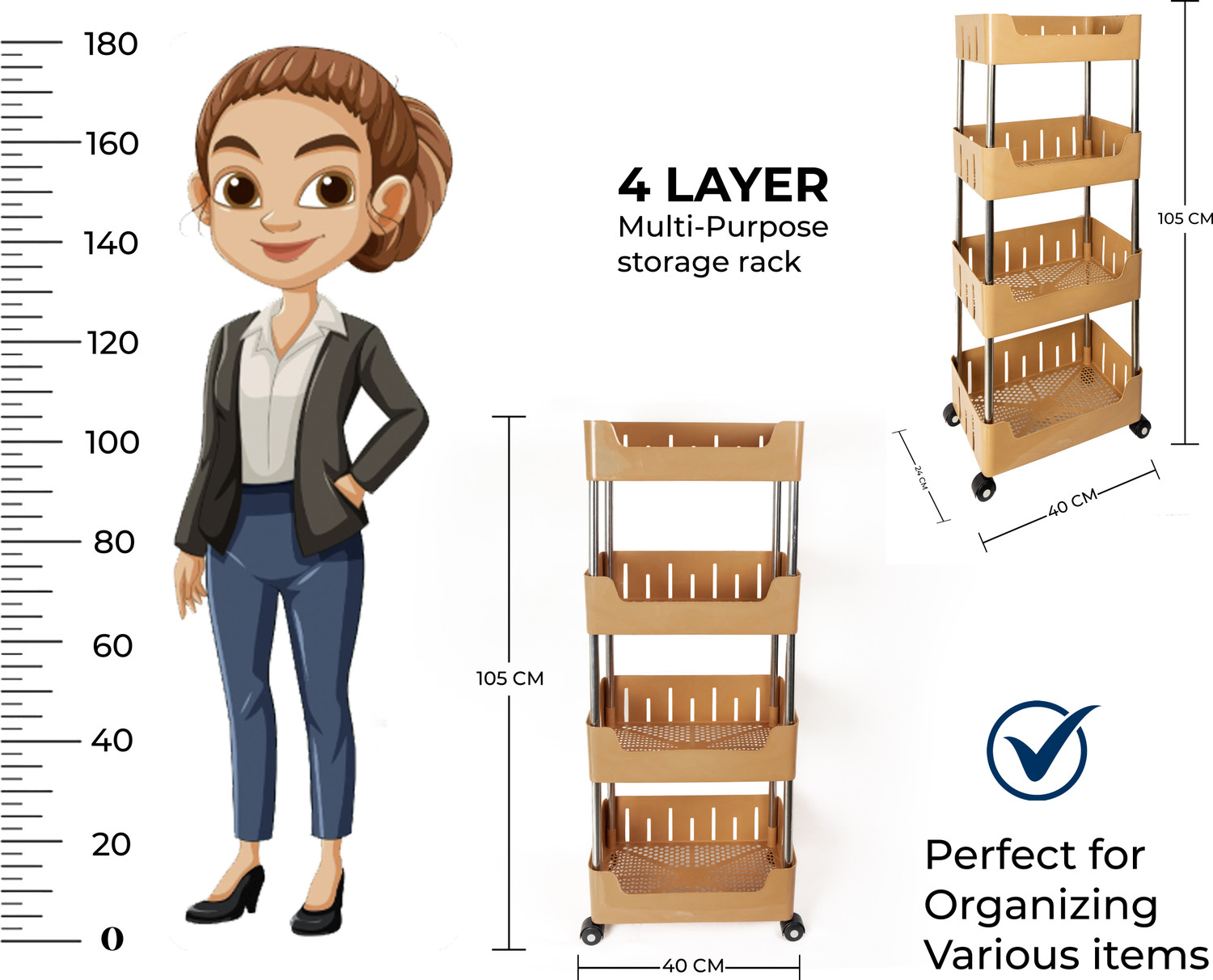 Image of DM PLUS Multi-Purpose Plastic Storage Organizer 4-Tier Rack with Wheel Bathroom & Office Plastic Kitchen Trolley