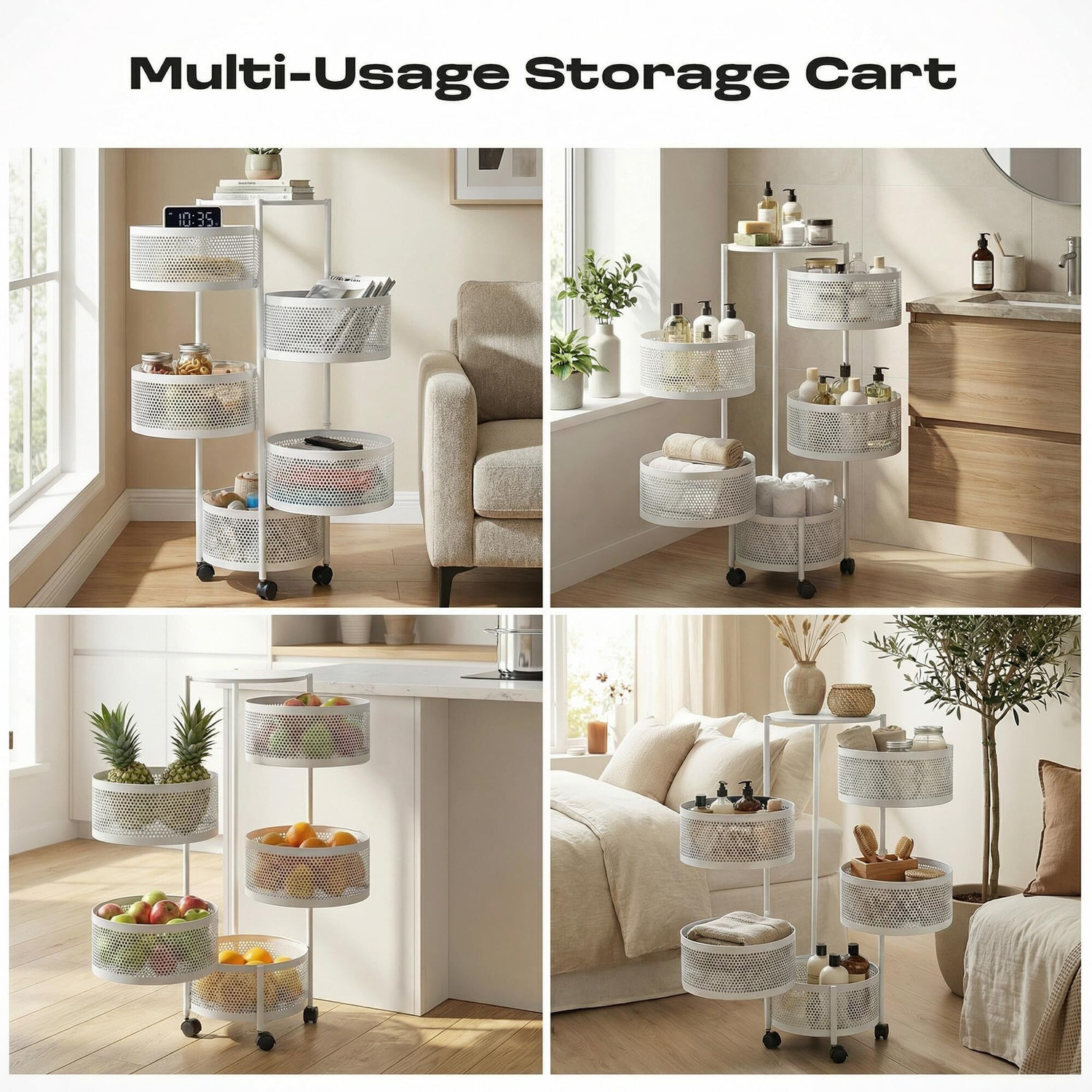 Image of Dailora 5+1 Layer Kitchen Metal Storage Organizer Onion Rack with Wheels Round Shape Carbon Steel Kitchen Trolley