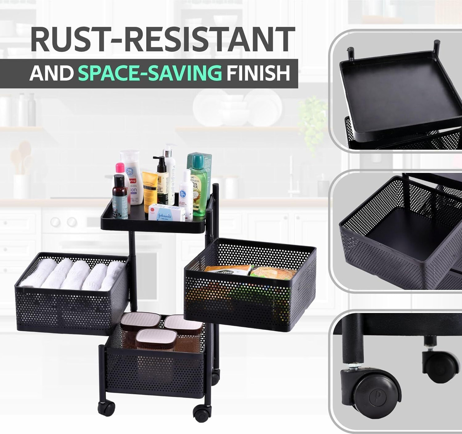 Image of Flipkart SmartBuy 3-tire Metal Kitchen Trolley with Wheels | Vegetable & Fruit Storage Rack Iron Kitchen Trolley