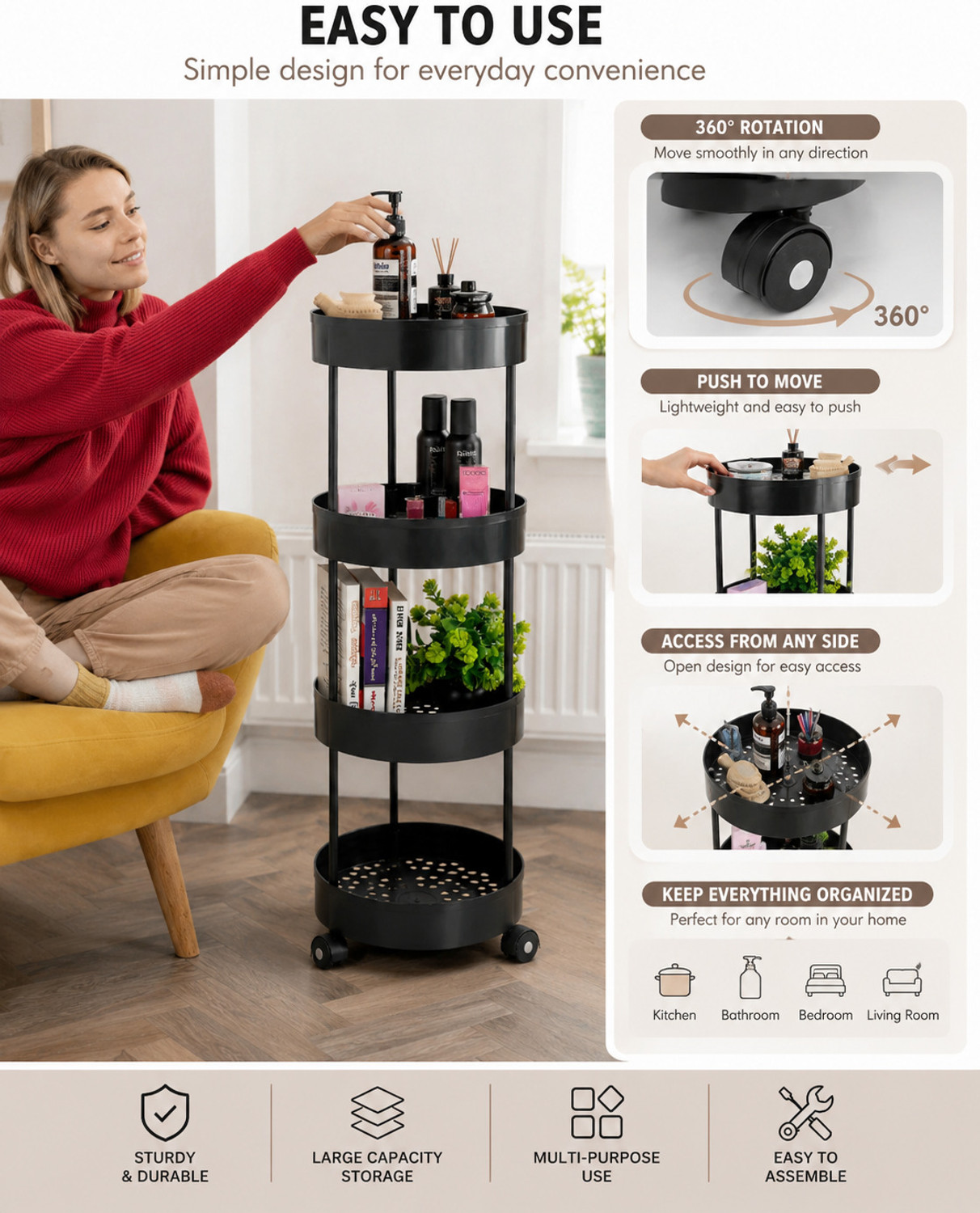 Image of VM BOND 4 Layer Multipurpose Kitchen Trolley Storage Rack with Wheels Plastic Kitchen Trolley