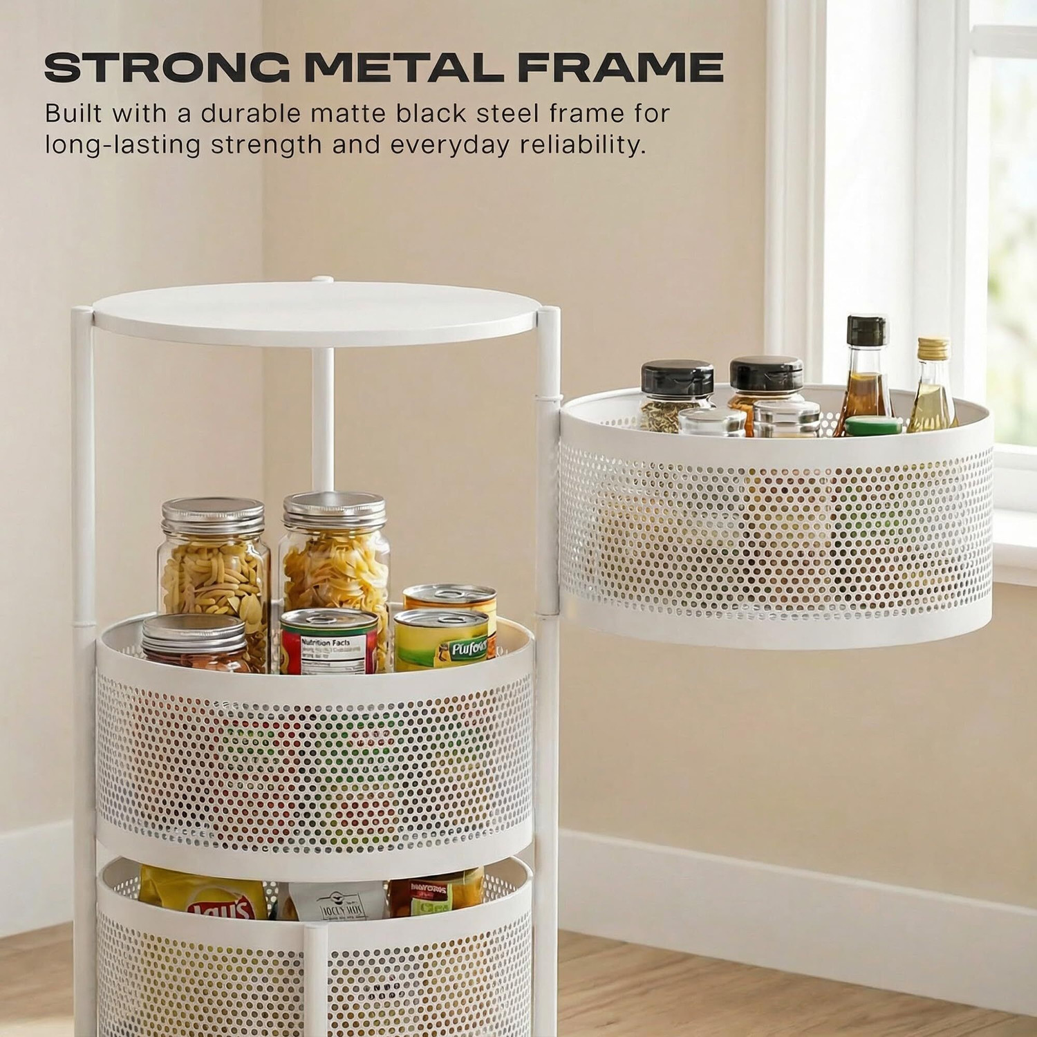 Image of Dailora 3+1 Layer Kitchen Metal Storage Organizer Onion Rack with Wheels Round Shape Carbon Steel Kitchen Trolley