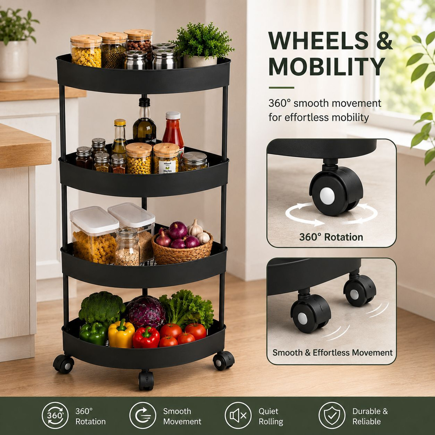 Image of Cantus 4 Compartments Plastic Storage Organizer Corner Trolly for Home, Kitchen, Bathroom, Bedroom and Office (Black)