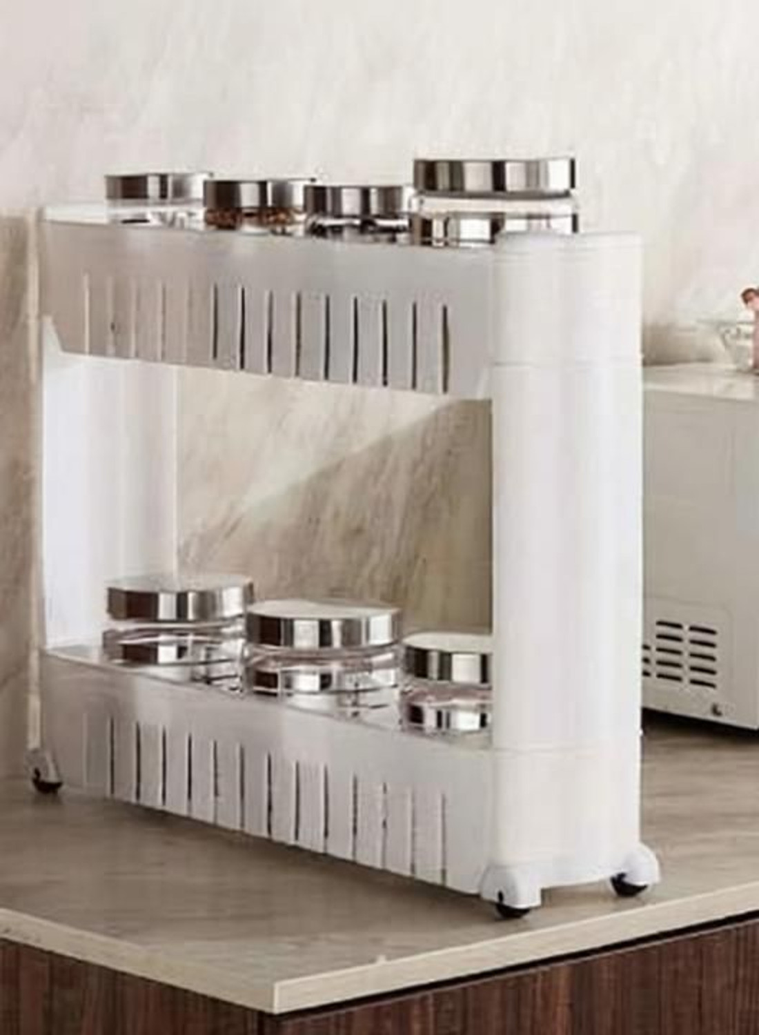 Image of QUISTAL 2 Layer Storage Organizer Multipurpose Slim Rack | White 2 Tier Utility Shelf with Wheels for Kitchen, Bedroom, Bathroom Plastic Kitchen Trolley