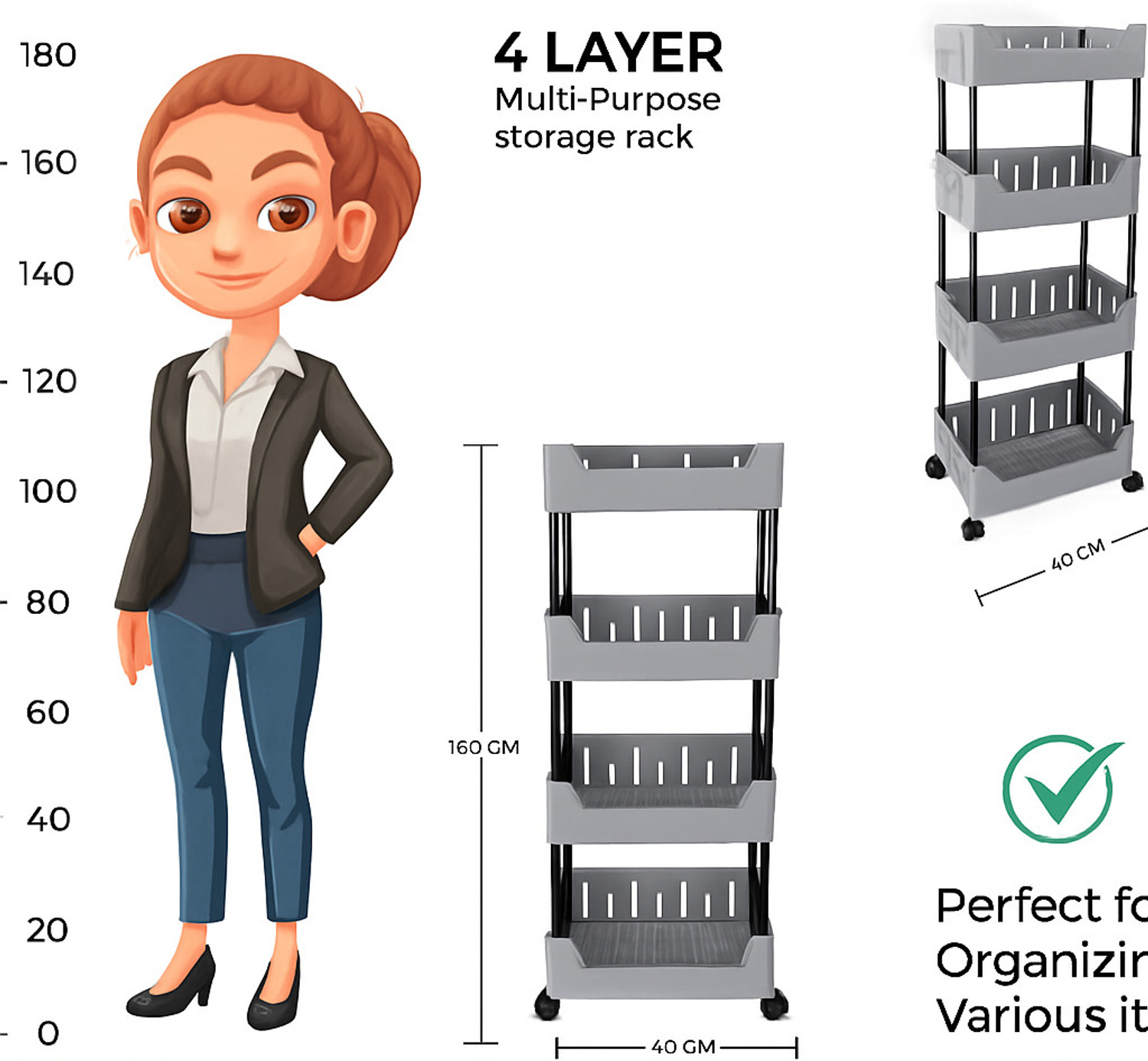 Image of VM BOND Multi-Purpose Plastic Storage Organizer 4-Tier Rack with Wheel Bathroom & Office Plastic Kitchen Trolley
