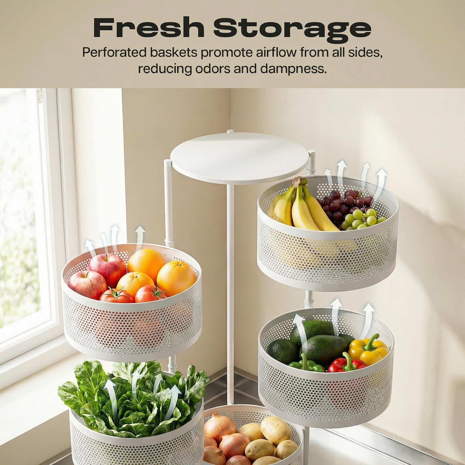 Image of Dailora 5+1 Layer Kitchen Metal Storage Organizer Onion Rack with Wheels Round Shape Carbon Steel Kitchen Trolley