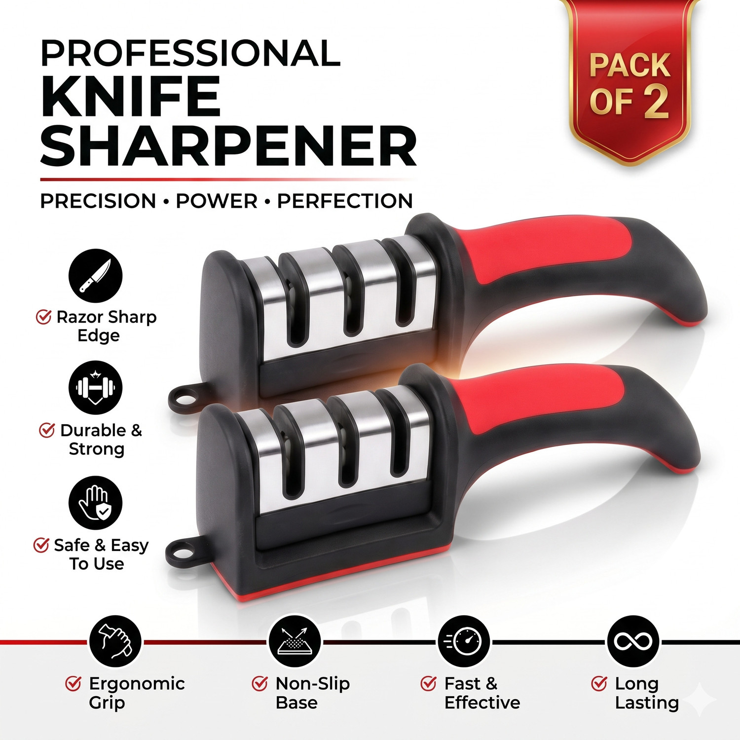 Image of Khodiyar Professional 3 Stage Kitchen Knife Sharpener Ergonomic Non-Slip Handle Pack of 2 Knife Sharpening Steel