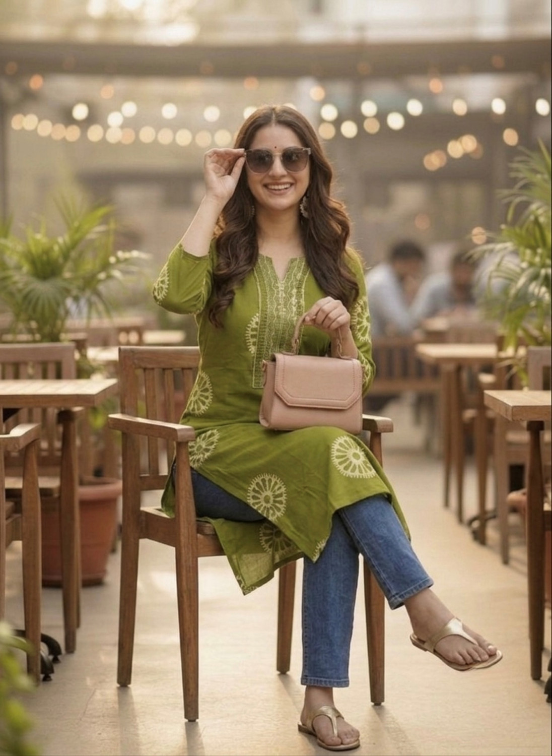 Image of Surhi Printed Pure Cotton Straight Kurta for Women (Green)