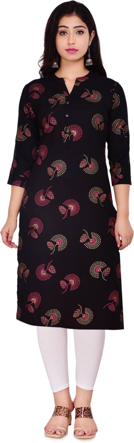 True world Women Printed Viscose Rayon Straight Kurta (Black)